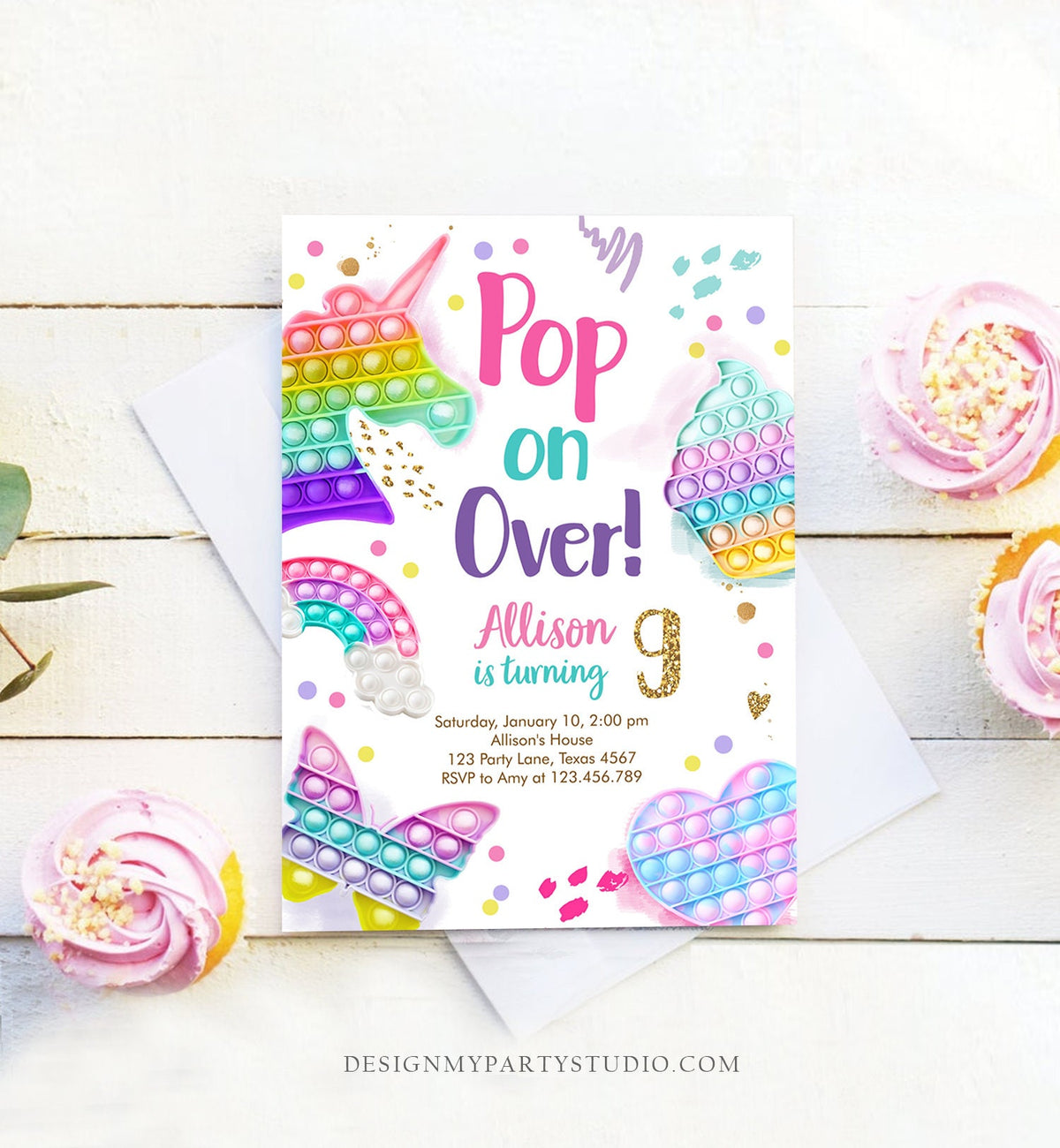 Editable Pop It Birthday Party Invitation Fidget Toy Girl Kids Birthday Rainbow Pastel Unicorn Bubble Download Printable Template Corjl 0422