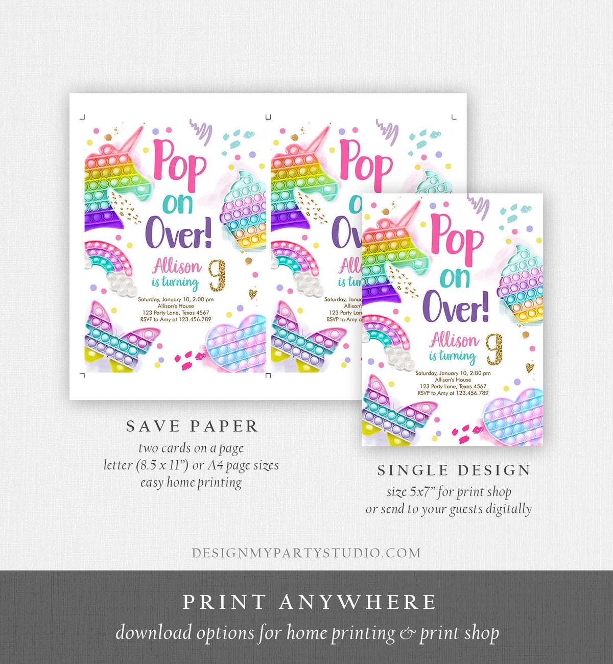 Editable Pop It Birthday Party Invitation Fidget Toy Girl Kids Birthday Rainbow Pastel Unicorn Bubble Download Printable Template Corjl 0422