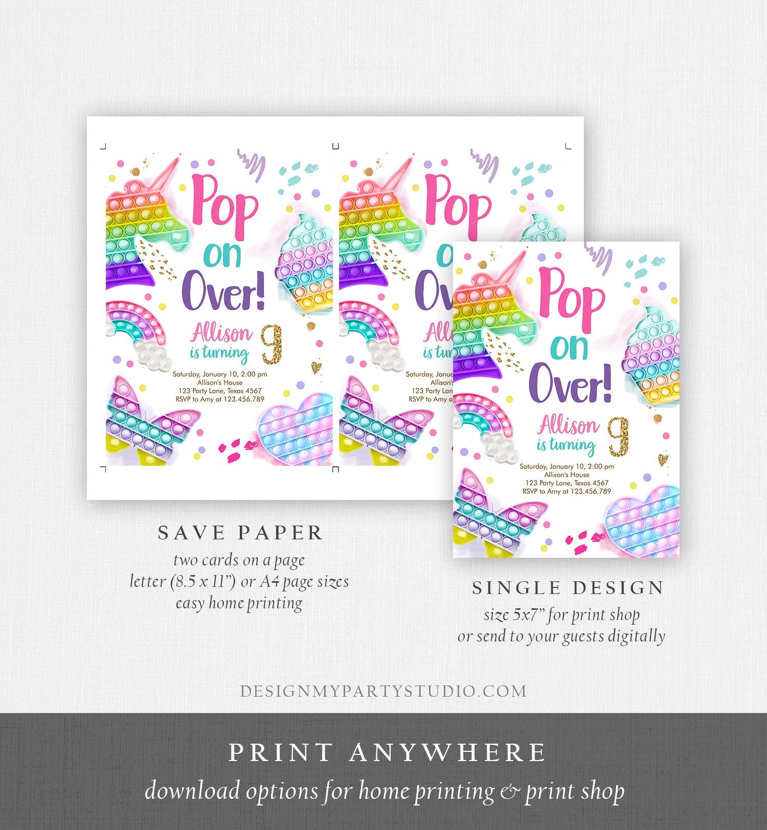 Editable Pop It Birthday Party Invitation Fidget Toy Girl Kids Birthday Rainbow Pastel Unicorn Bubble Download Printable Template Corjl 0422