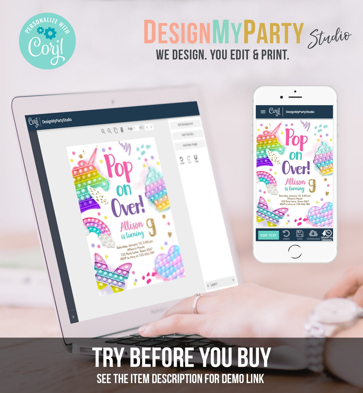 Editable Pop It Birthday Party Invitation Fidget Toy Girl Kids Birthday Rainbow Pastel Unicorn Bubble Download Printable Template Corjl 0422