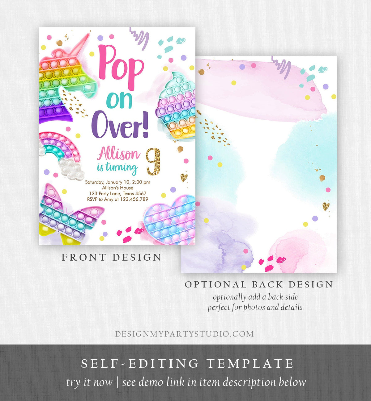 Editable Pop It Birthday Party Invitation Fidget Toy Girl Kids Birthday Rainbow Pastel Unicorn Bubble Download Printable Template Corjl 0422