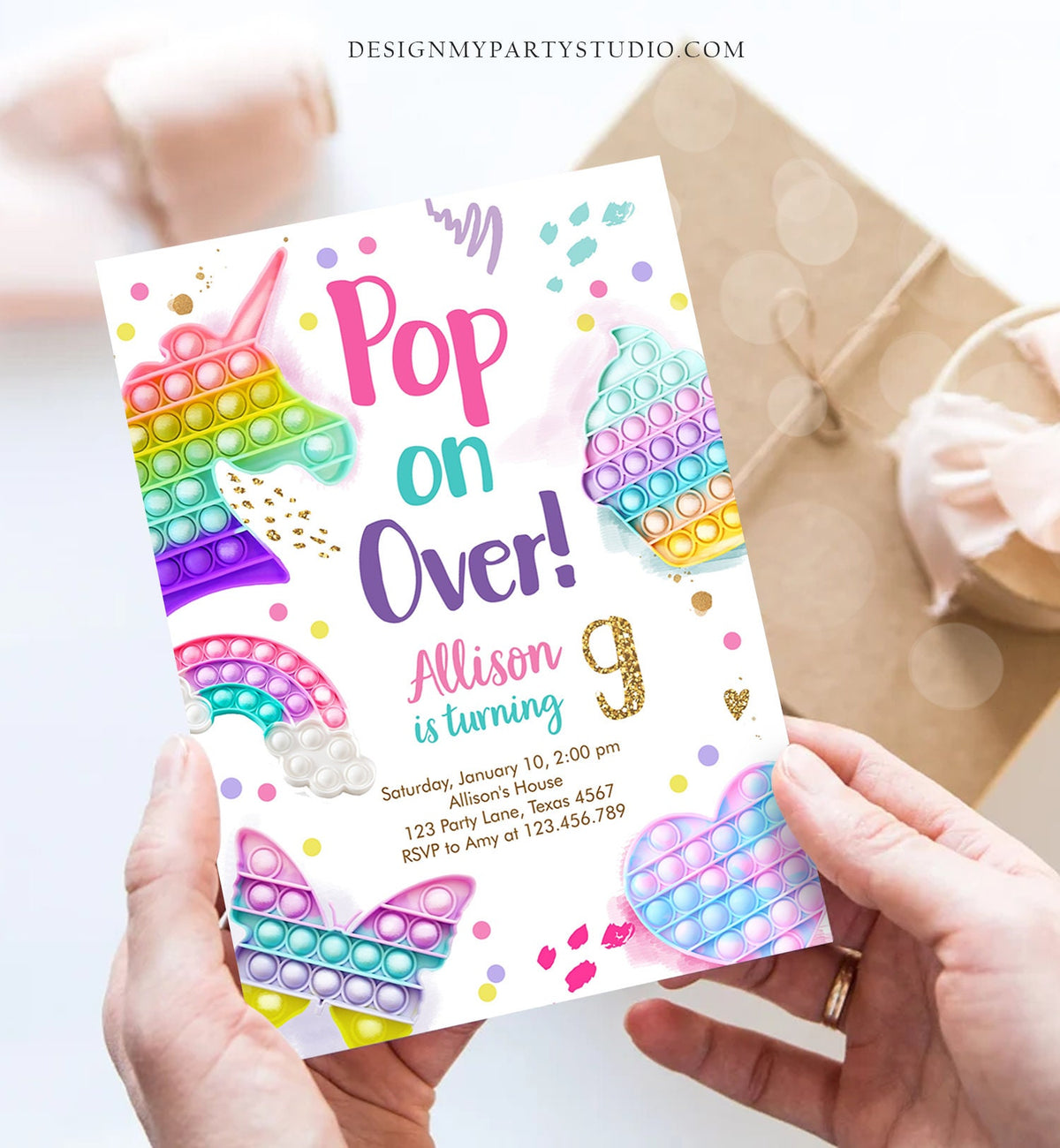 Editable Pop It Birthday Party Invitation Fidget Toy Girl Kids Birthday Rainbow Pastel Unicorn Bubble Download Printable Template Corjl 0422