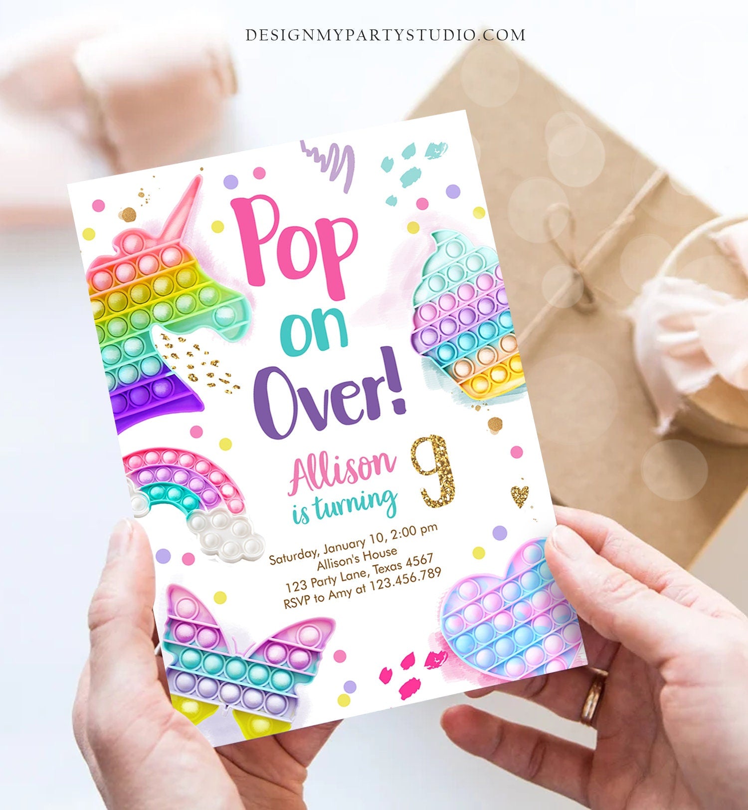 Editable Pop It Birthday Party Invitation Fidget Toy Girl Kids Birthday Rainbow Pastel Unicorn Bubble Download Printable Template Corjl 0422