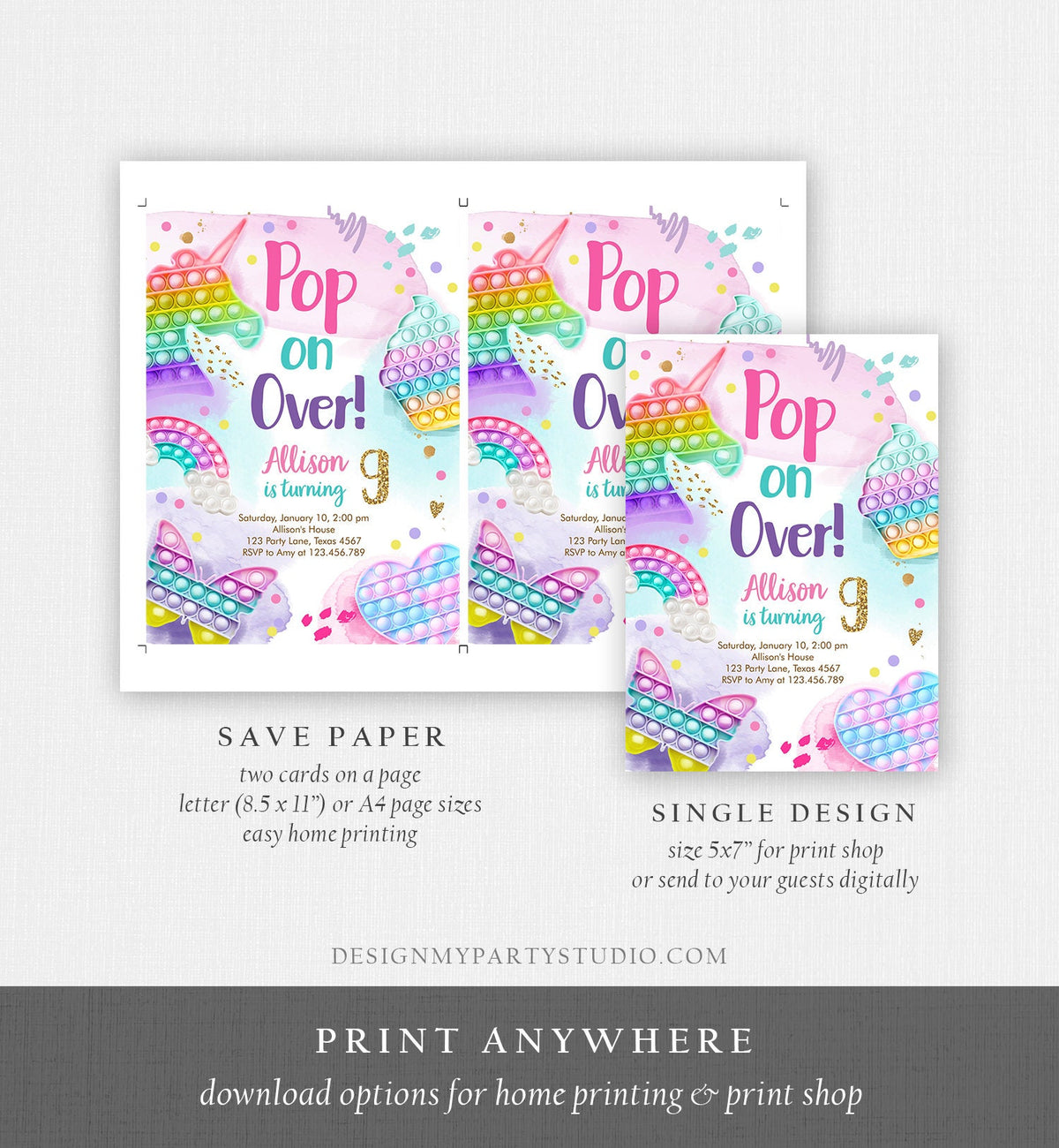 Editable Pop It Birthday Party Invitation Fidget Toy Girl Kids Birthday Rainbow Pastel Unicorn Bubble Download Printable Template Corjl 0422
