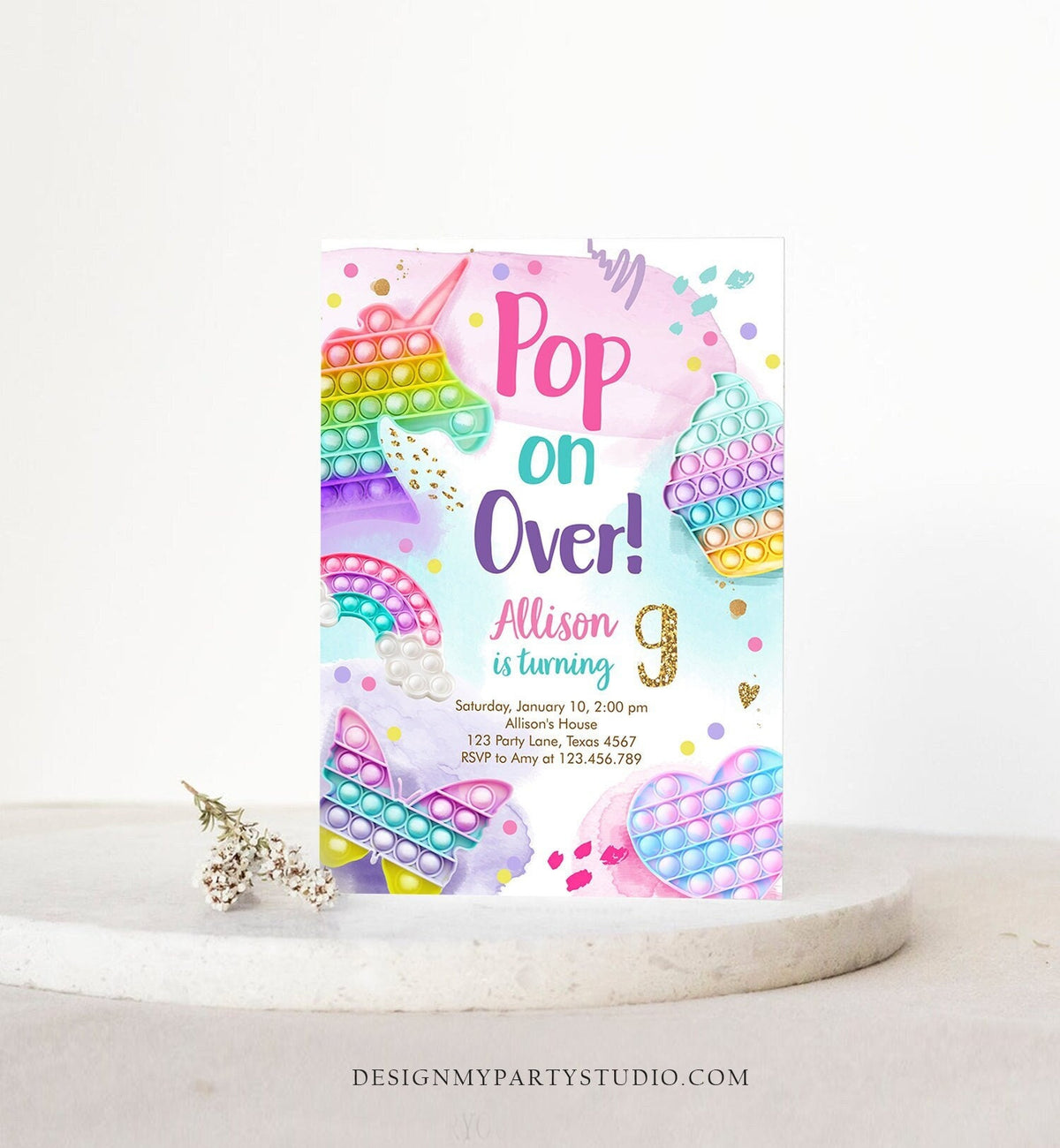 Editable Pop It Birthday Party Invitation Fidget Toy Girl Kids Birthday Rainbow Pastel Unicorn Bubble Download Printable Template Corjl 0422