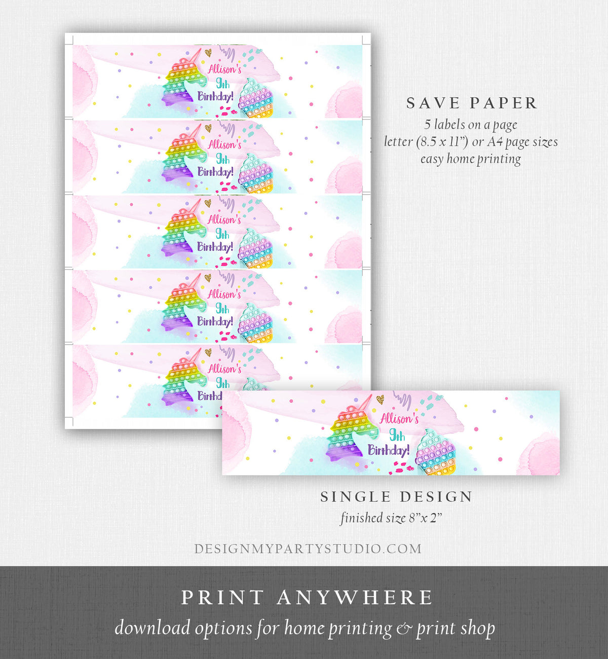 Editable Pop It Water Bottle Labels Fidget Toy Birthday Decor Popit Party Girl Pop It Party Pastel Printable Label Template Corjl 0422