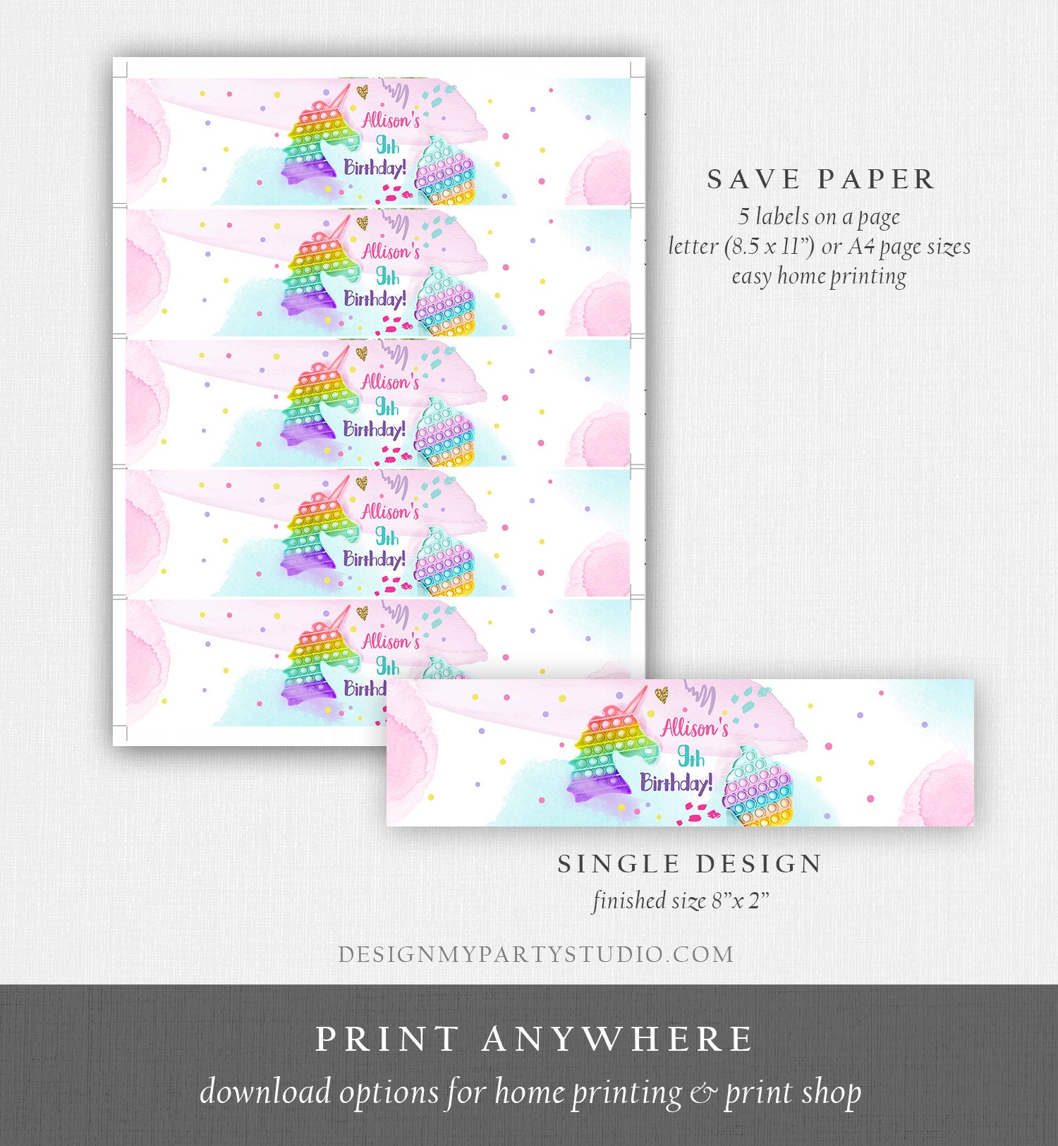 Editable Pop It Water Bottle Labels Fidget Toy Birthday Decor Popit Party Girl Pop It Party Pastel Printable Label Template Corjl 0422