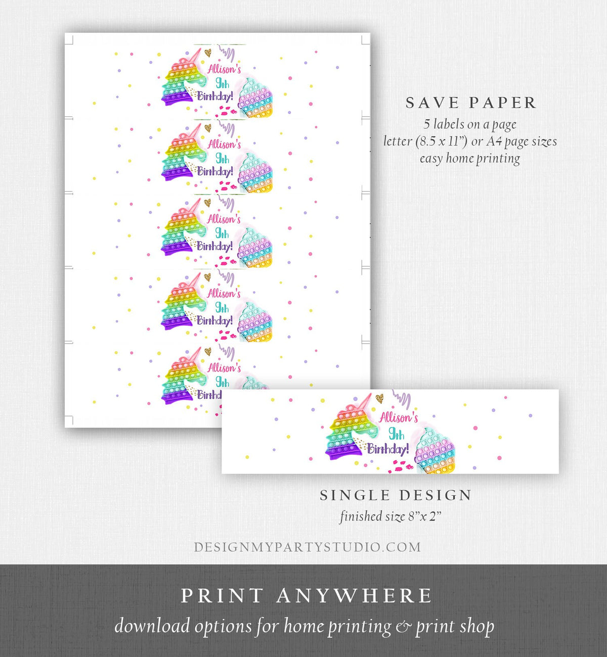 Editable Pop It Water Bottle Labels Fidget Toy Birthday Decor Popit Party Girl Pop It Party Pastel Printable Label Template Corjl 0422