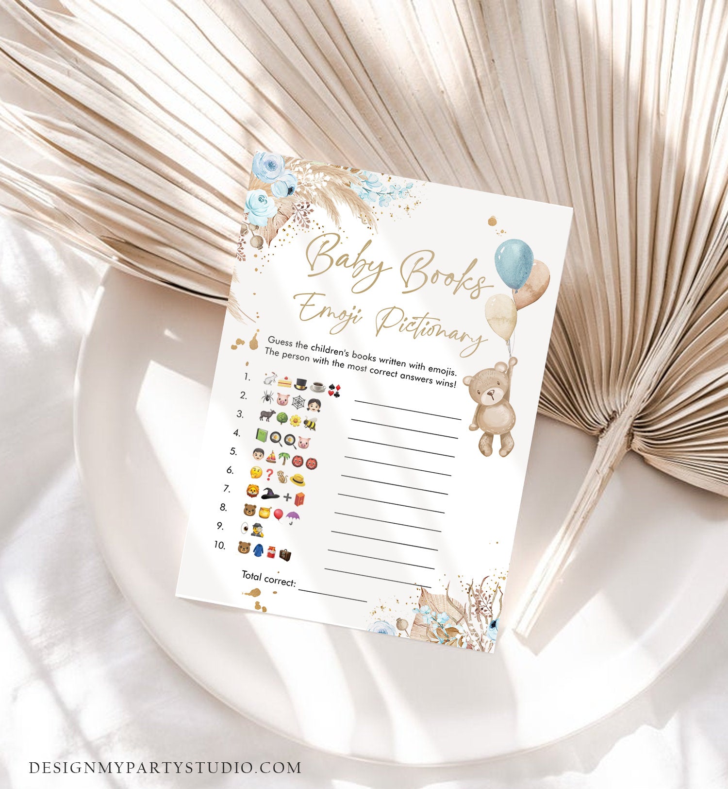Editable Emoji Pictionary Baby Shower Game Baby Books Boho Teddy Bear Shower Pampas Grass Boy Bearly Wait Corjl Template Printable 0421