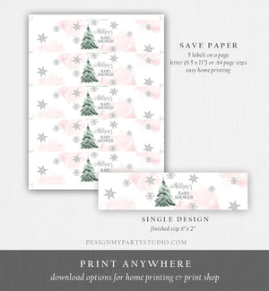Editable Winter Baby Shower Water Bottle Labels Baby It's Cold Outside Girl Pink Silver Christmas Download Printable Template Corjl 0363