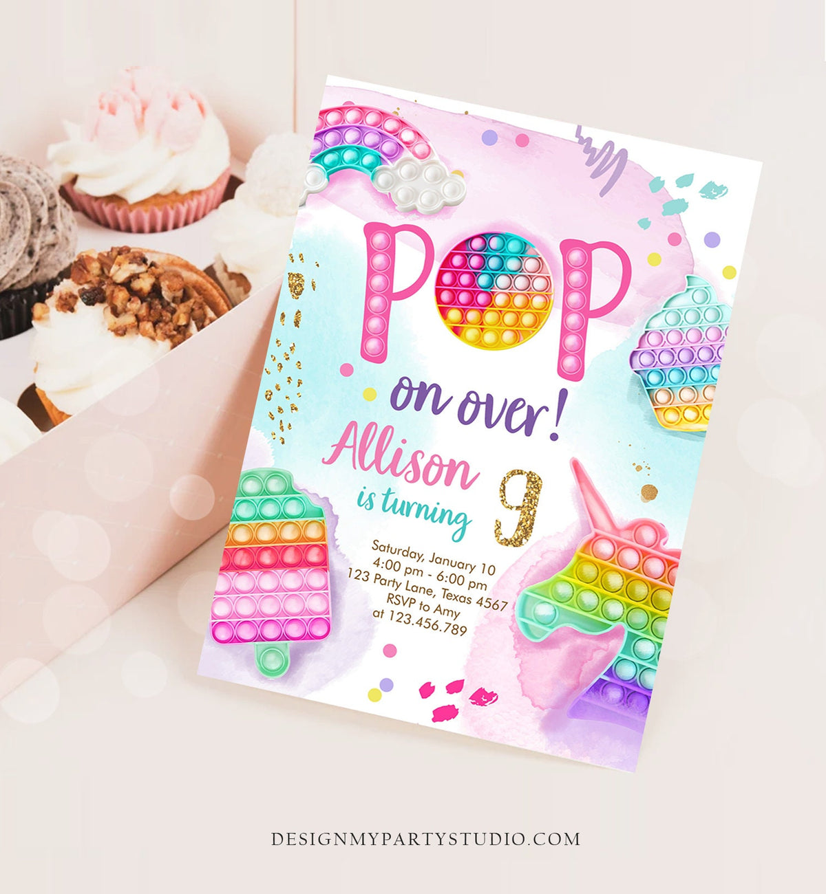 Editable Pop It Invitation Fidget Toy Party Pop It Rainbow Girl Kids Pastel Unicorn Watercolor Bubble Download Printable Template Corjl 0422