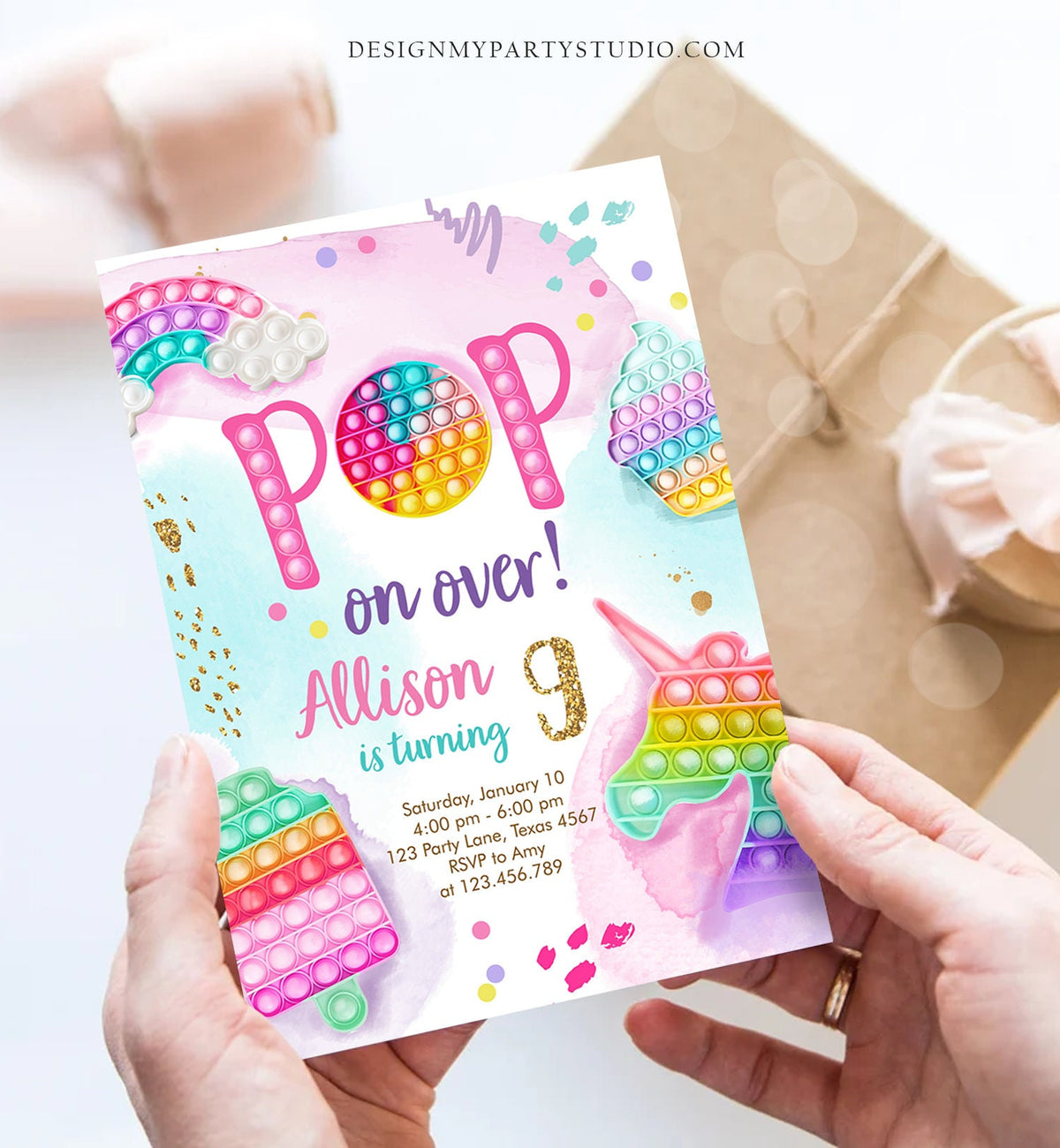 Editable Pop It Invitation Fidget Toy Party Pop It Rainbow Girl Kids Pastel Unicorn Watercolor Bubble Download Printable Template Corjl 0422