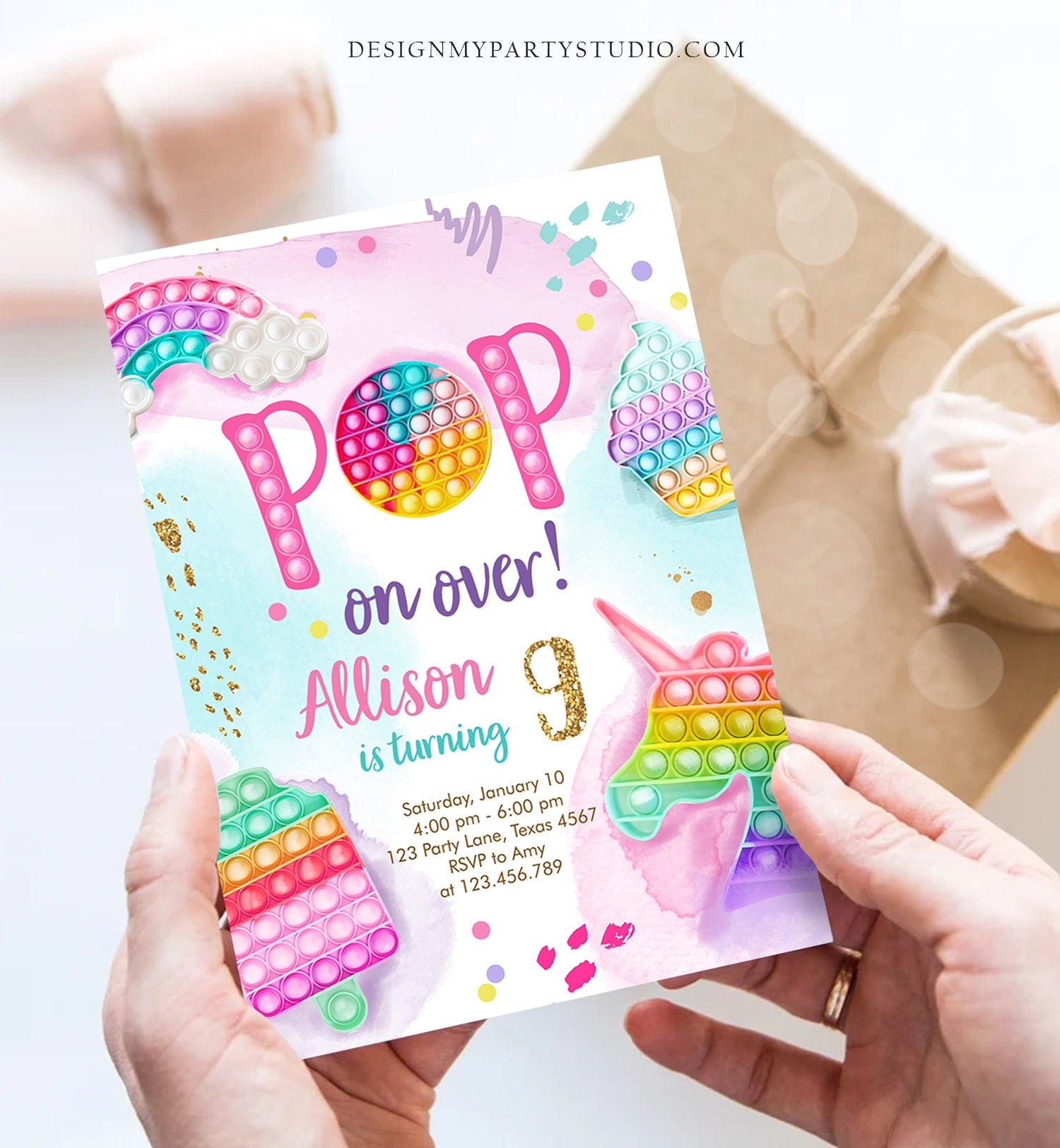 Editable Pop It Invitation Fidget Toy Party Pop It Rainbow Girl Kids Pastel Unicorn Watercolor Bubble Download Printable Template Corjl 0422