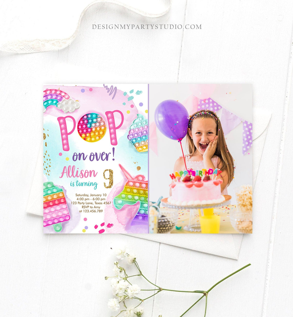 Editable Pop It Invitation Fidget Toy Party Pop It Rainbow Girl Kids Pastel Unicorn Watercolor Bubble Download Printable Template Corjl 0422