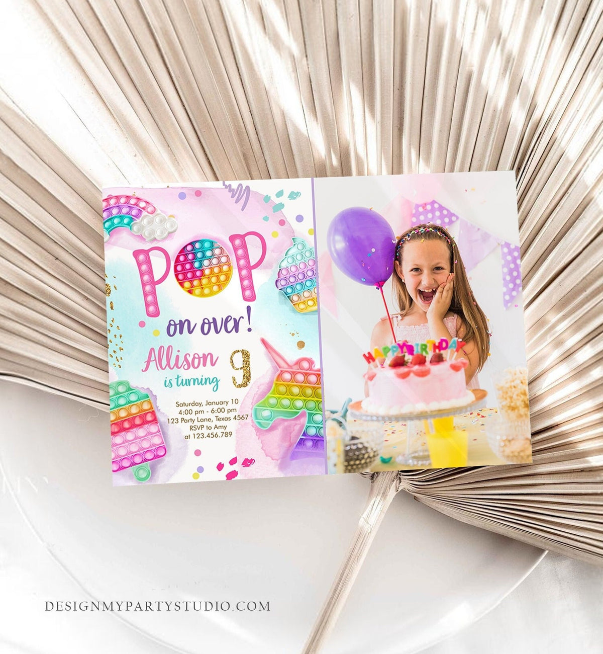 Editable Pop It Invitation Fidget Toy Party Pop It Rainbow Girl Kids Pastel Unicorn Watercolor Bubble Download Printable Template Corjl 0422