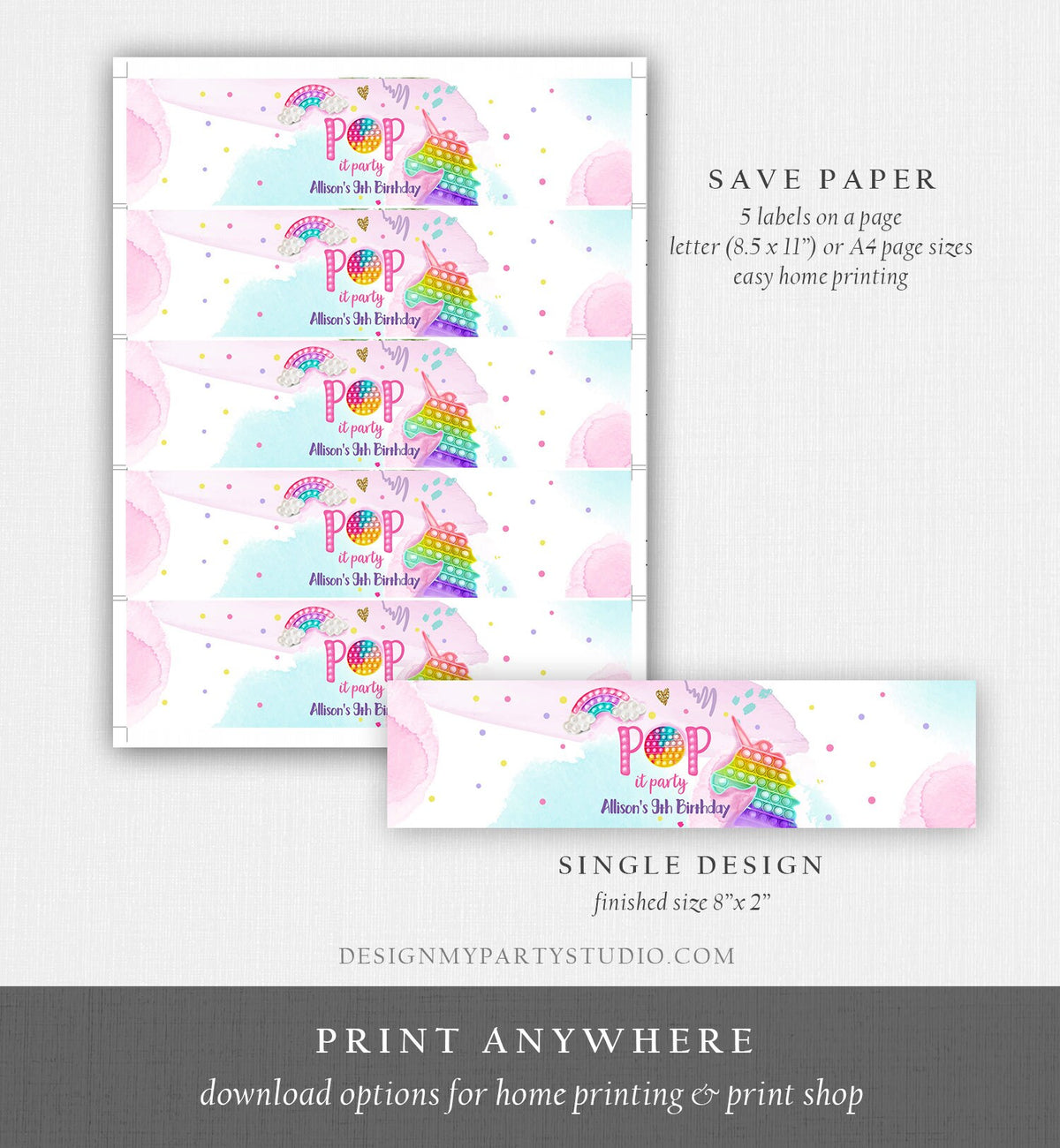 Editable Pop It Water Bottle Labels Fidget Toy Birthday Decor Popit Party Girl Pop It Party Pastel Printable Label Template Corjl 0422