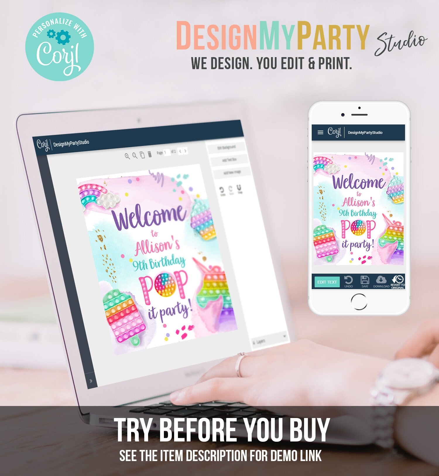 Editable Pop It Birthday Welcome Sign Fidget Toy Party Popit Birthday Welcome Teen Girl Pastel Rainbow Template Corjl PRINTABLE 0422