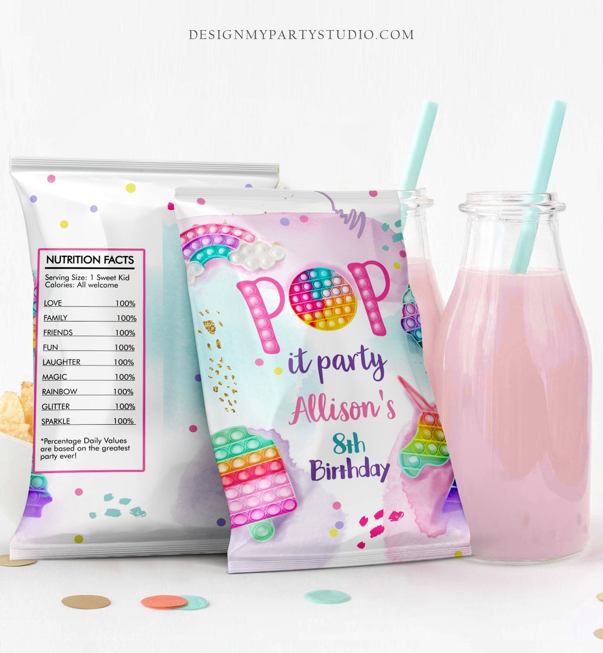 Editable Pop It Party Chip Bag Fidget Toy Party Decor Girl Pastel Rainbow Party Popit Birthday Favors Snack Pink Digital Corjl Template 0422