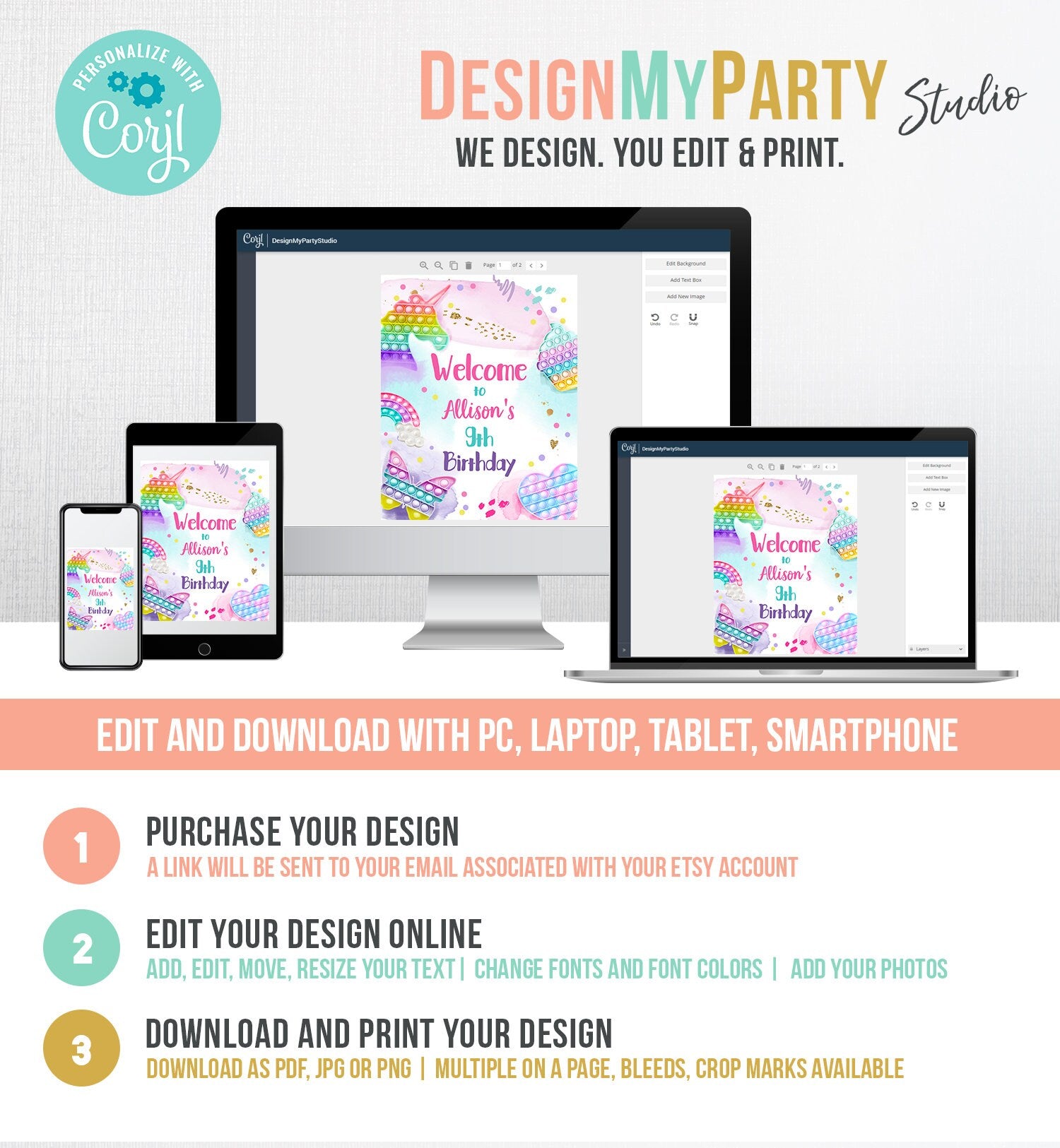 Editable Pop It Birthday Welcome Sign Fidget Toy Party Popit Birthday Welcome Teen Girl Pastel Rainbow Template Corjl PRINTABLE 0422