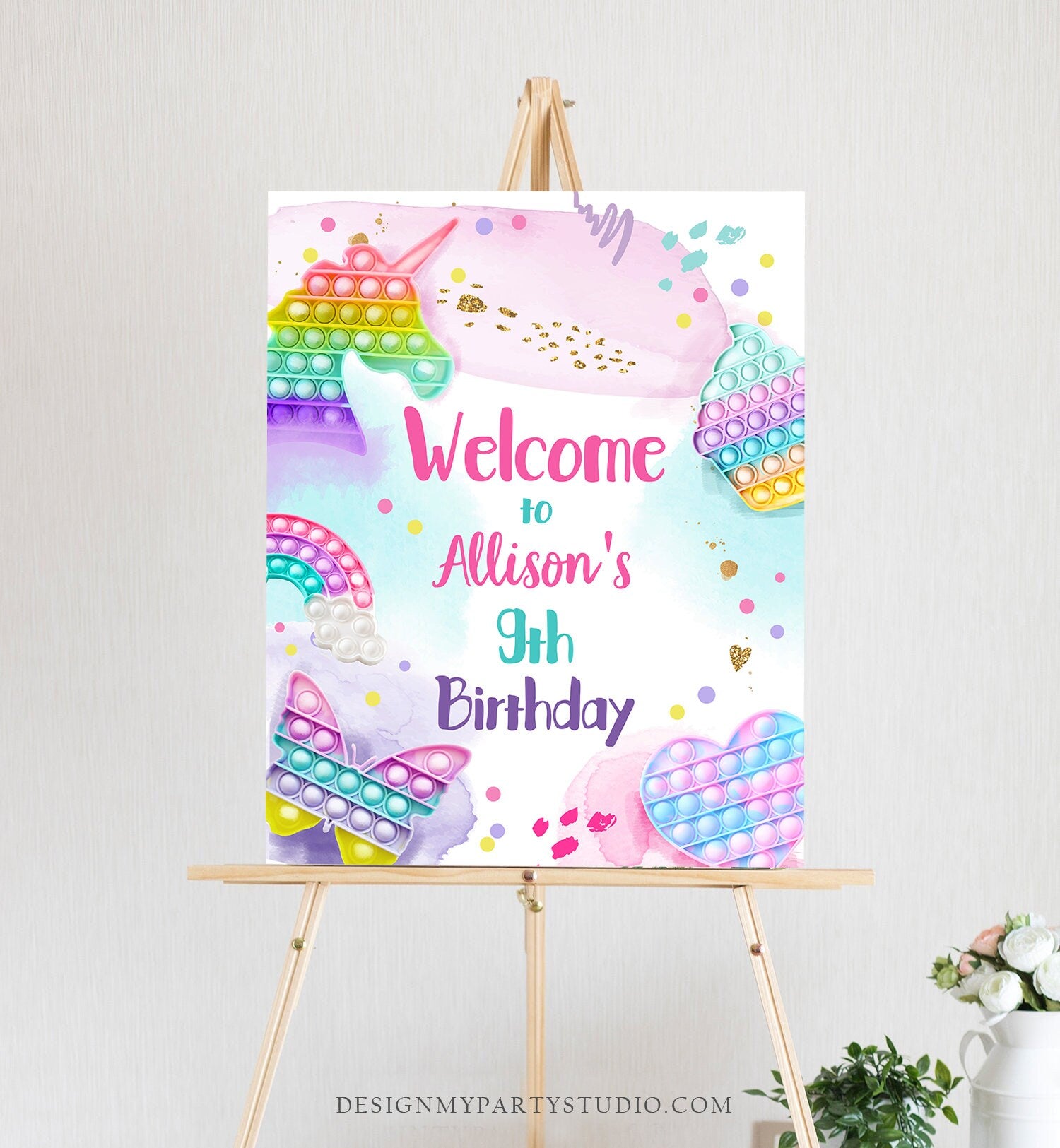Editable Pop It Birthday Welcome Sign Fidget Toy Party Popit Birthday Welcome Teen Girl Pastel Rainbow Template Corjl PRINTABLE 0422