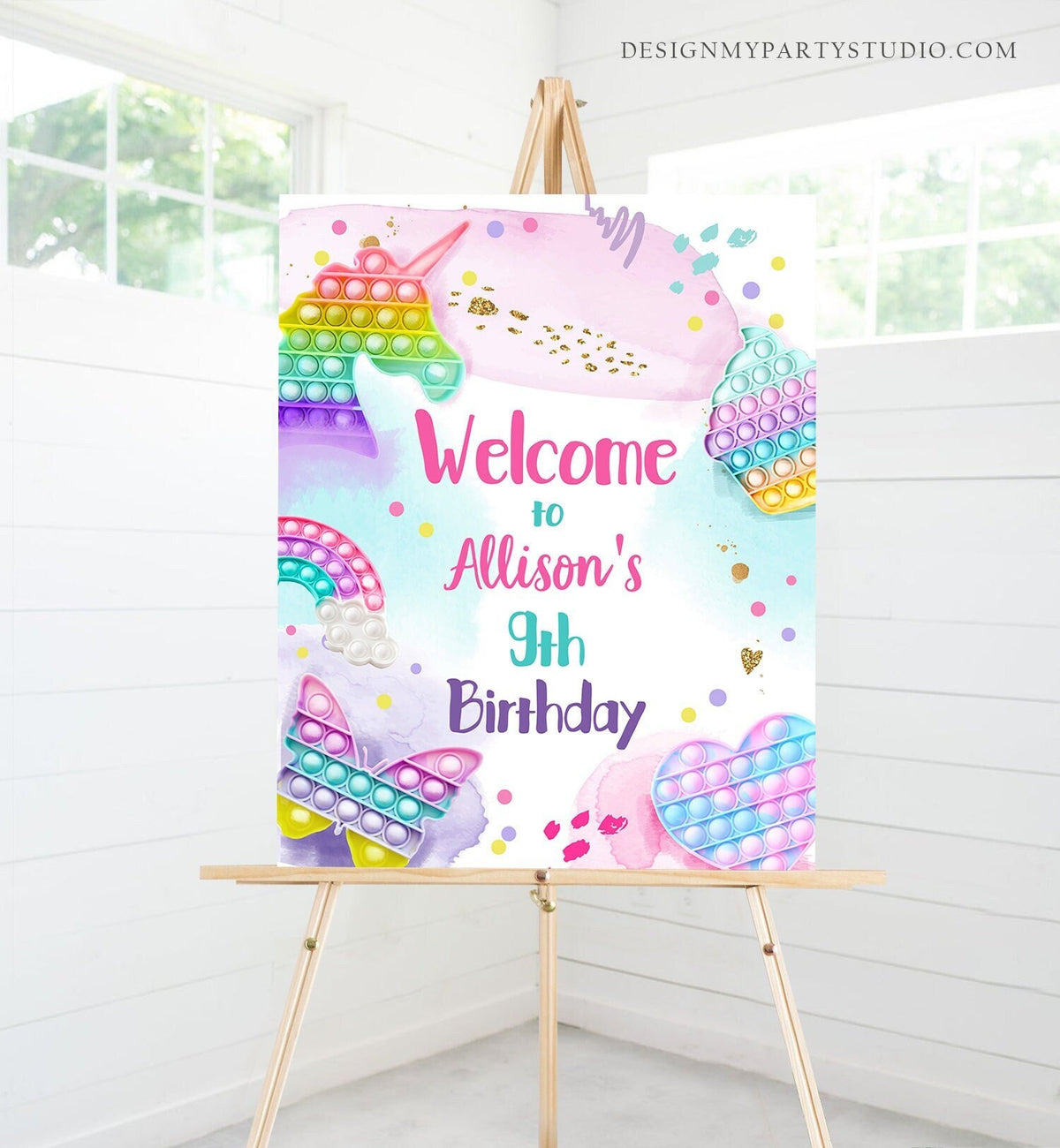 Editable Pop It Birthday Welcome Sign Fidget Toy Party Popit Birthday Welcome Teen Girl Pastel Rainbow Template Corjl PRINTABLE 0422