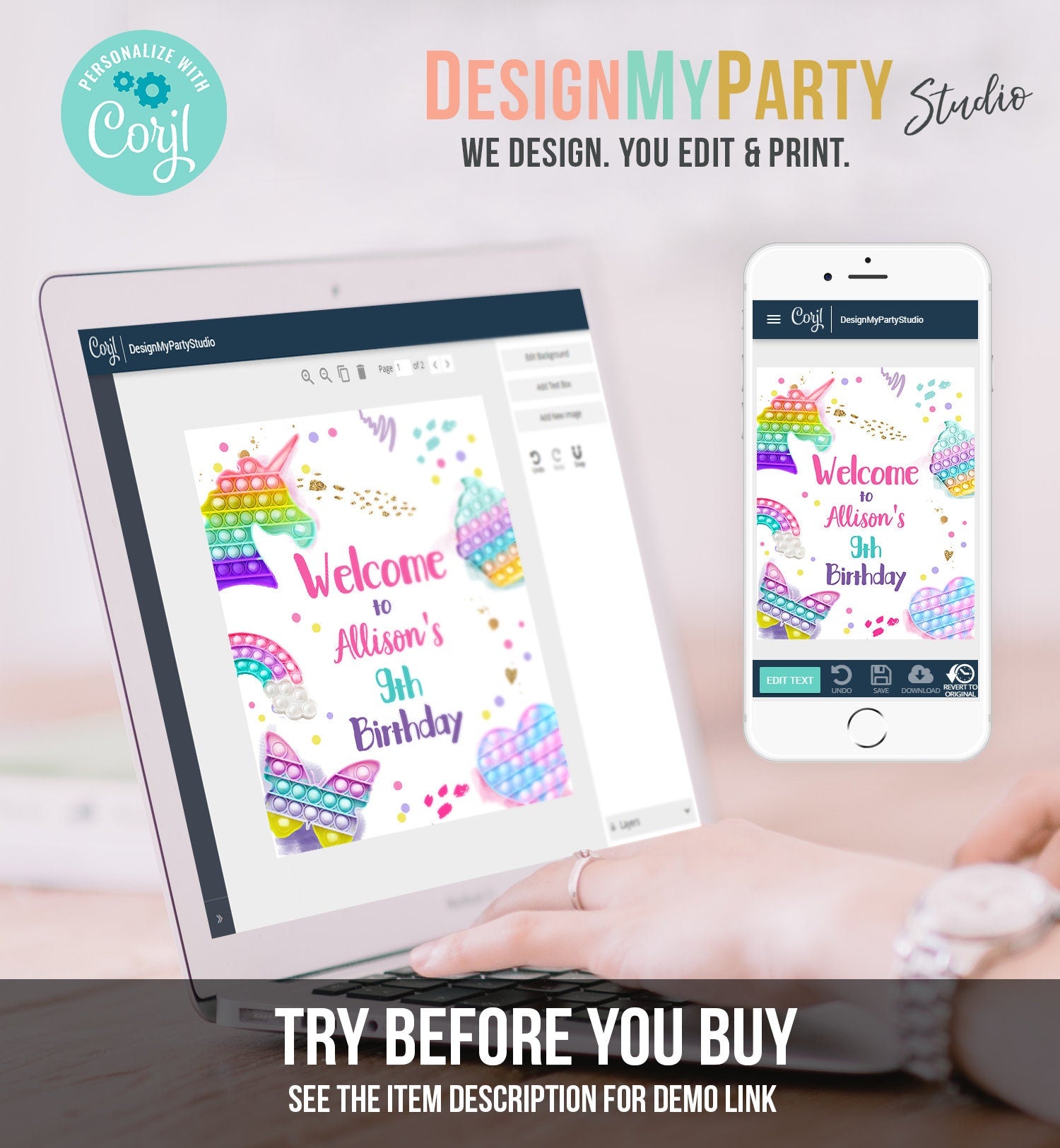 Editable Pop It Birthday Welcome Sign Fidget Toy Party Popit Birthday Welcome Teen Girl Pastel Rainbow Template Corjl PRINTABLE 0422