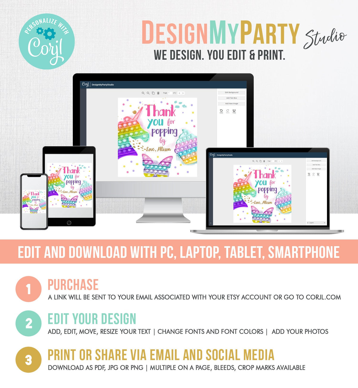 Editable Fidget Party Favor Tags Pop it Party Thank You Tag Gift Tag Popit Birthday Girl Popping By Stickers Corjl Template Printable 0422