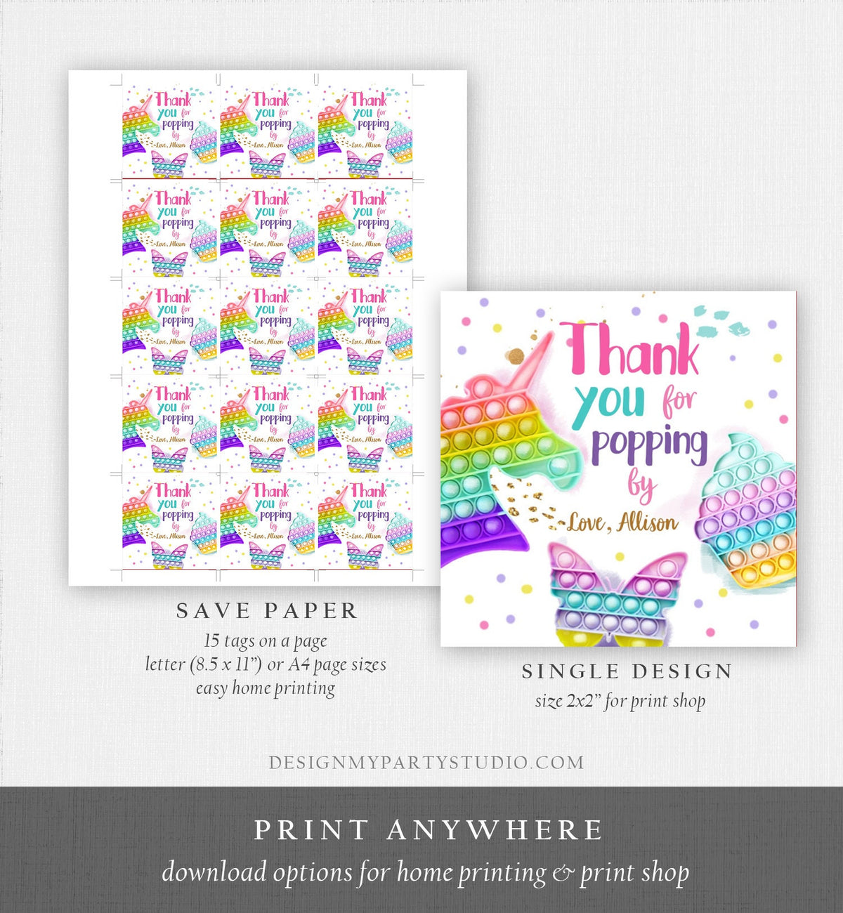 Editable Fidget Party Favor Tags Pop it Party Thank You Tag Gift Tag Popit Birthday Girl Popping By Stickers Corjl Template Printable 0422