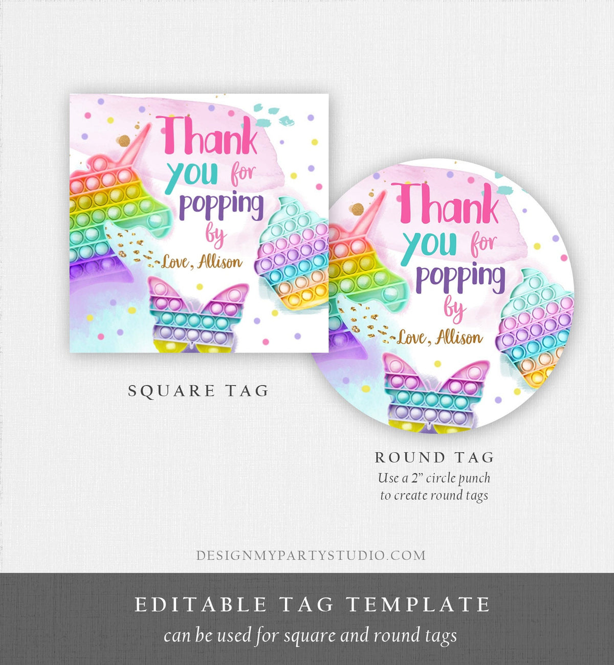 Editable Fidget Party Favor Tags Pop it Party Thank You Tag Gift Tag Popit Birthday Girl Popping By Stickers Corjl Template Printable 0422