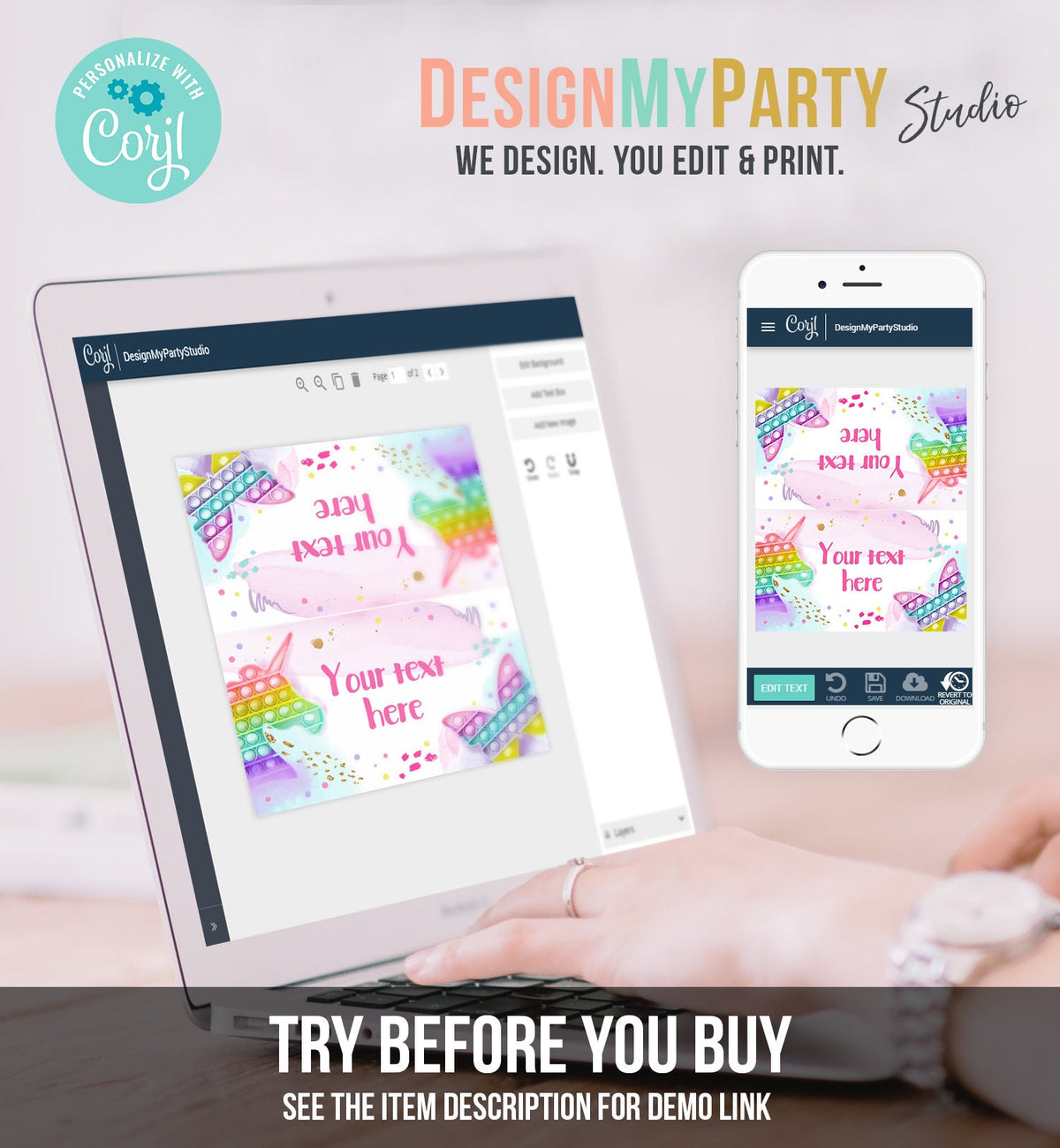 Editable Pop It Party Food Label Fidget Toy Birthday Place Card Tent Card Girl Rainbow Pastel Pop It Birthday Printable Corjl Template 0422