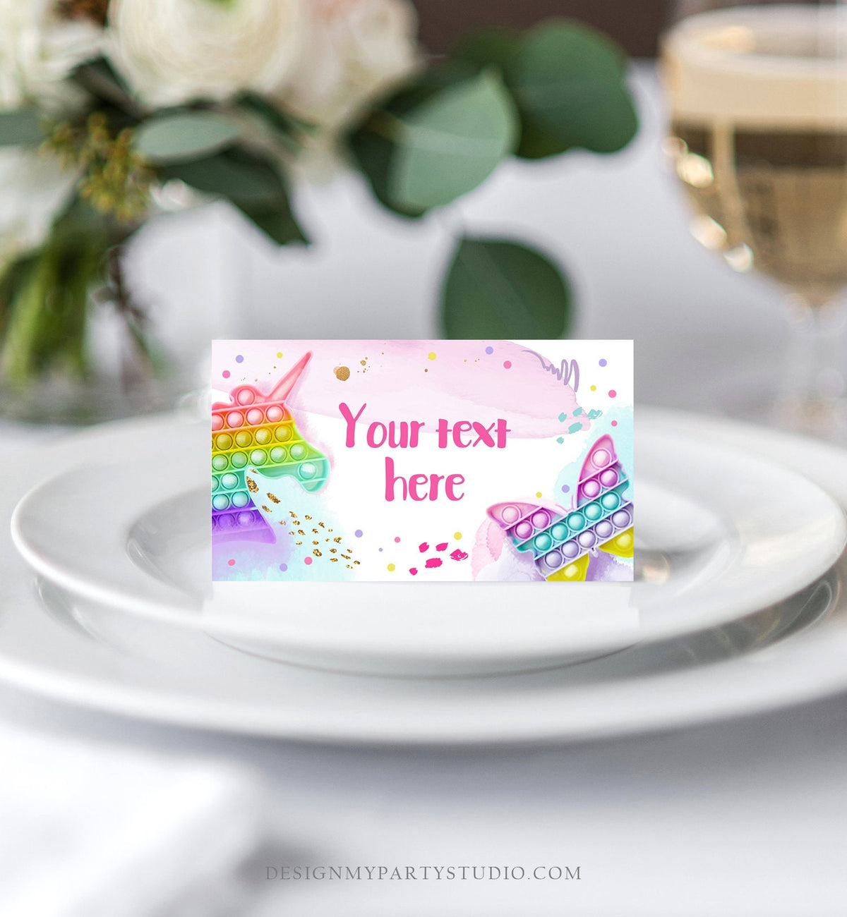 Editable Pop It Party Food Label Fidget Toy Birthday Place Card Tent Card Girl Rainbow Pastel Pop It Birthday Printable Corjl Template 0422