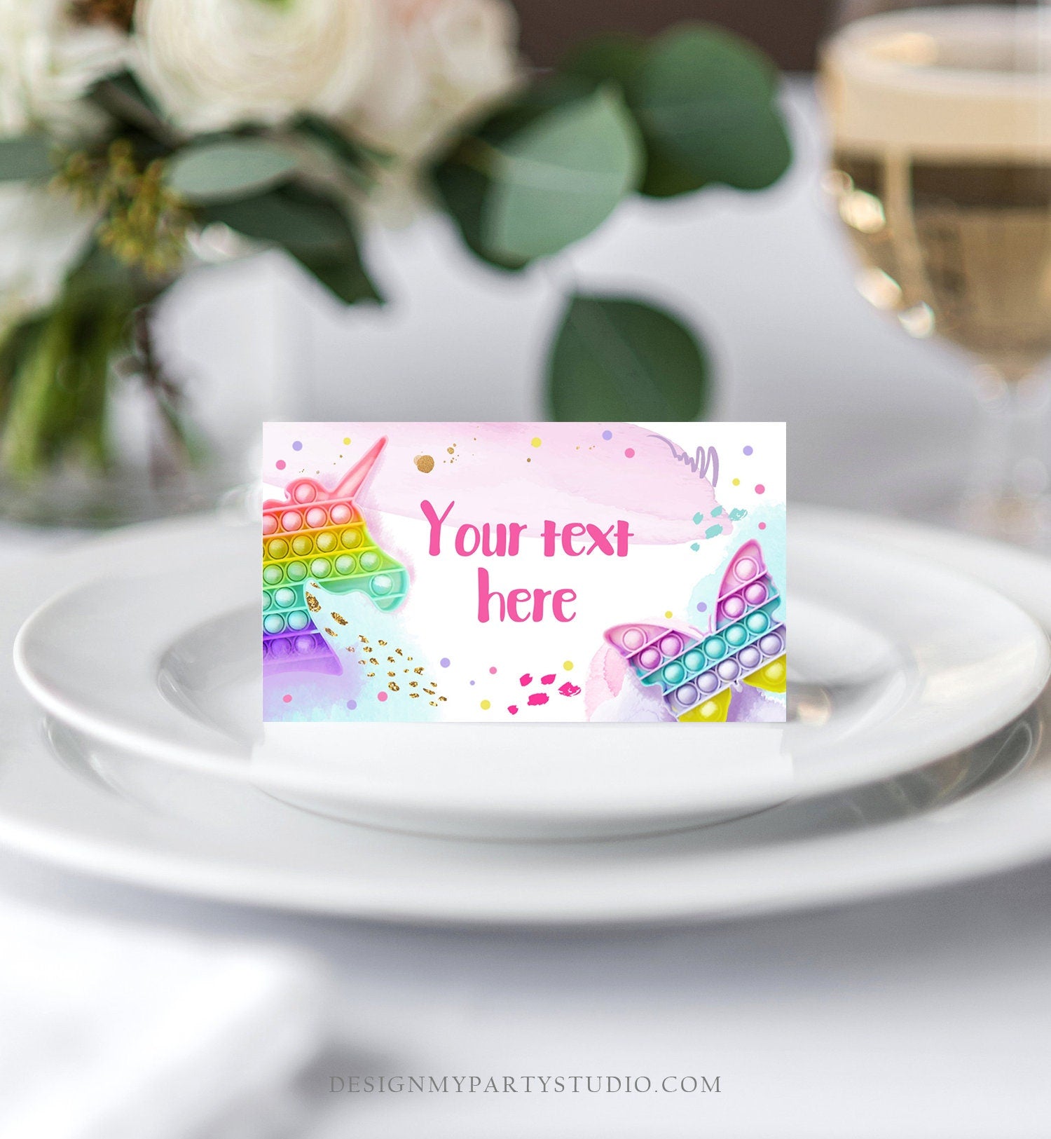 Editable Pop It Party Food Label Fidget Toy Birthday Place Card Tent Card Girl Rainbow Pastel Pop It Birthday Printable Corjl Template 0422