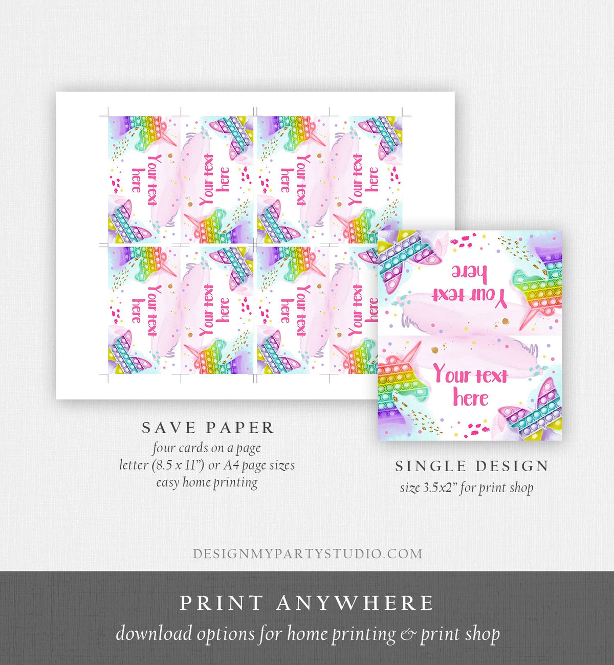 Editable Pop It Party Food Label Fidget Toy Birthday Place Card Tent Card Girl Rainbow Pastel Pop It Birthday Printable Corjl Template 0422