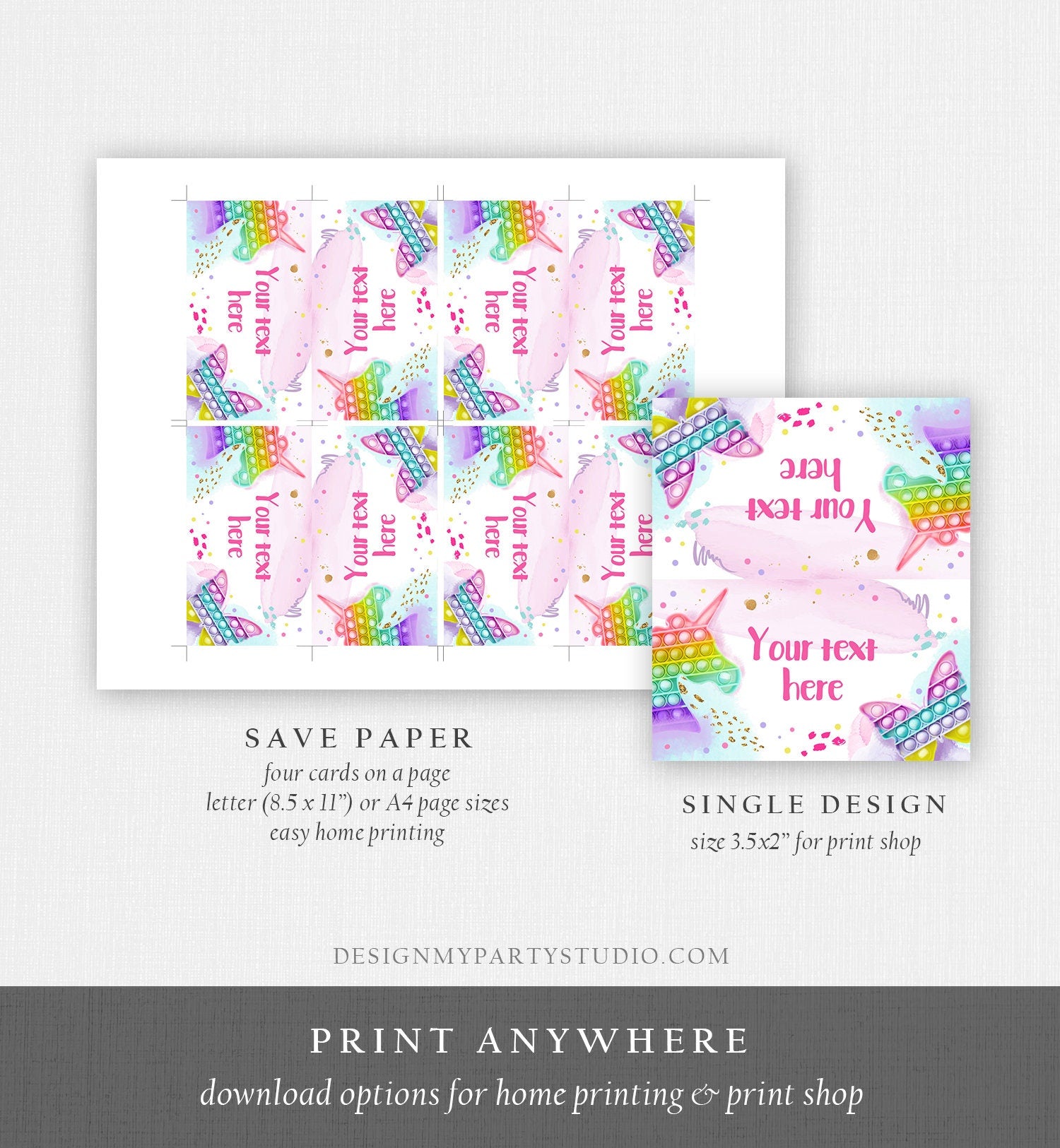 Editable Pop It Party Food Label Fidget Toy Birthday Place Card Tent Card Girl Rainbow Pastel Pop It Birthday Printable Corjl Template 0422