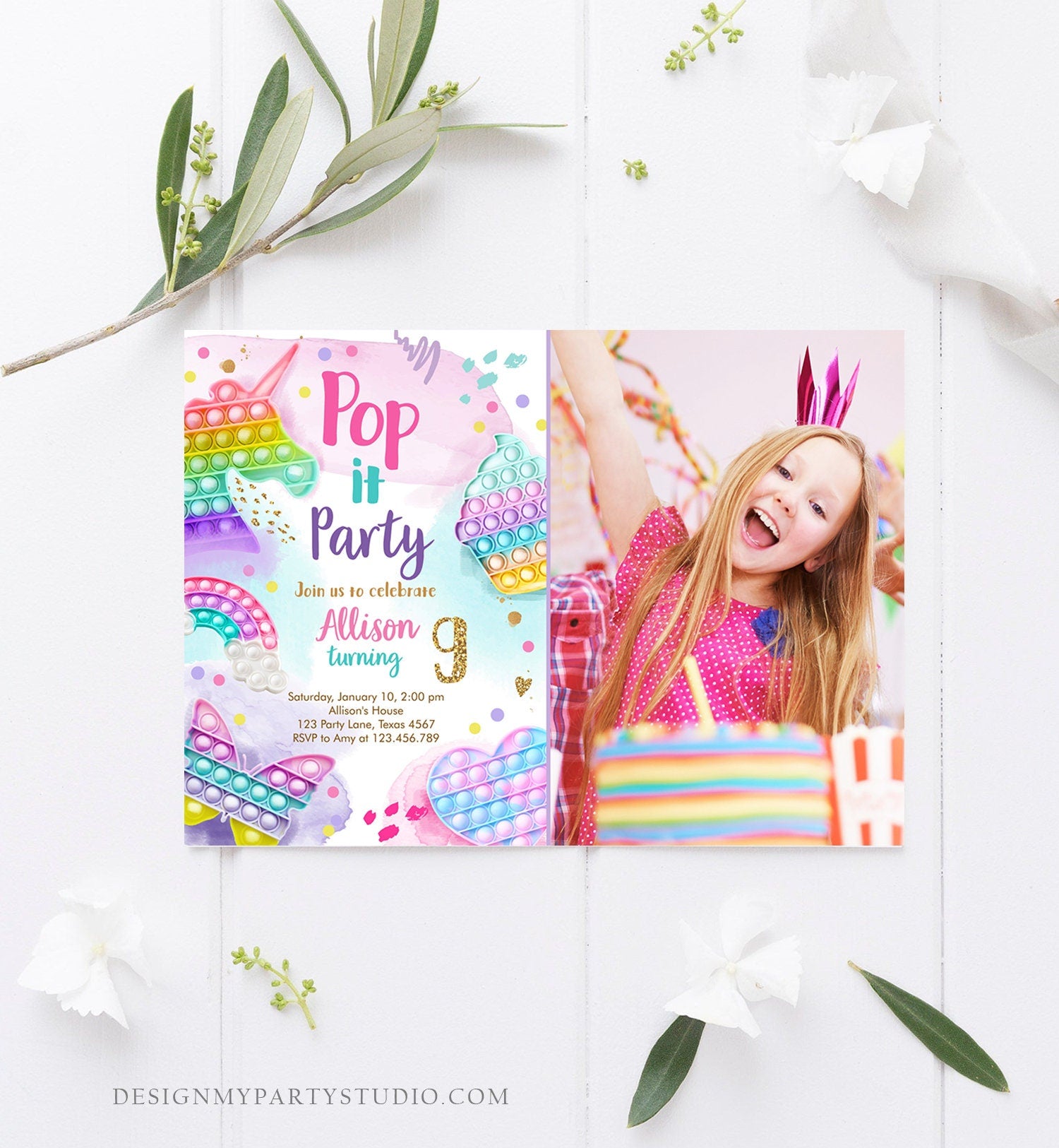 Editable Pop It Birthday Party Invitation Fidget Toy Girl Kids Birthday Rainbow Pastel Unicorn Bubble Download Printable Template Corjl 0422