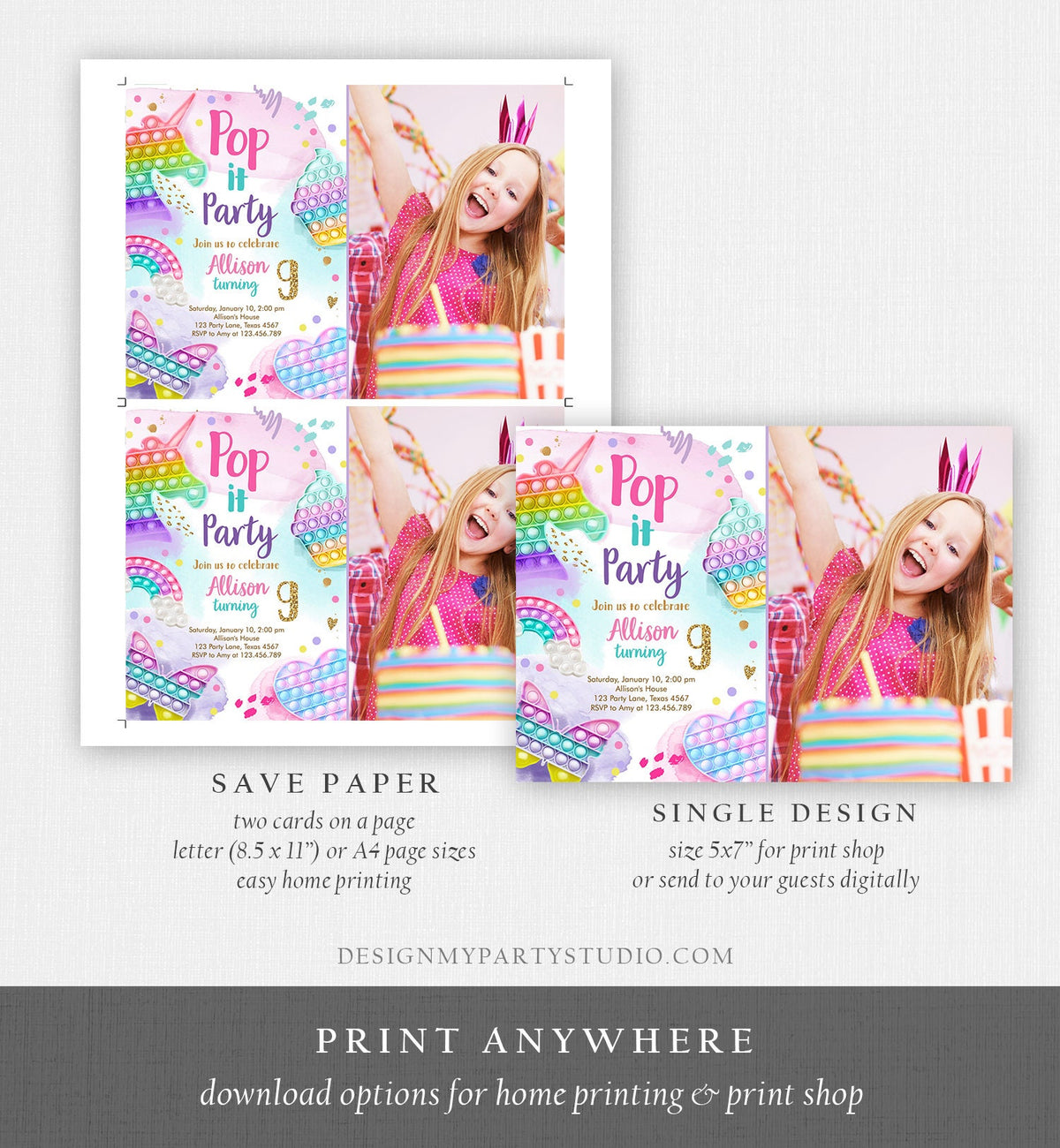 Editable Pop It Birthday Party Invitation Fidget Toy Girl Kids Birthday Rainbow Pastel Unicorn Bubble Download Printable Template Corjl 0422