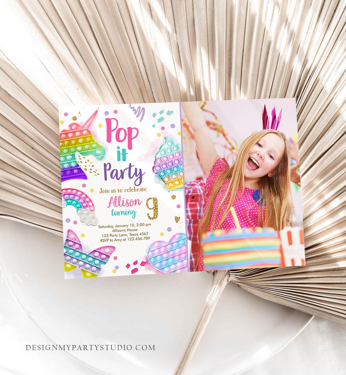 Editable Pop It Birthday Party Invitation Fidget Toy Girl Kids Birthday Rainbow Pastel Unicorn Bubble Download Printable Template Corjl 0422