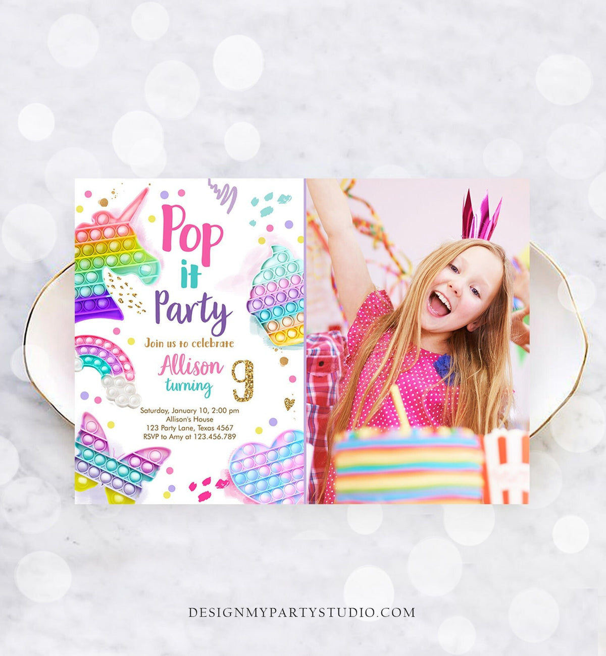 Editable Pop It Birthday Party Invitation Fidget Toy Girl Kids Birthday Rainbow Pastel Unicorn Bubble Download Printable Template Corjl 0422