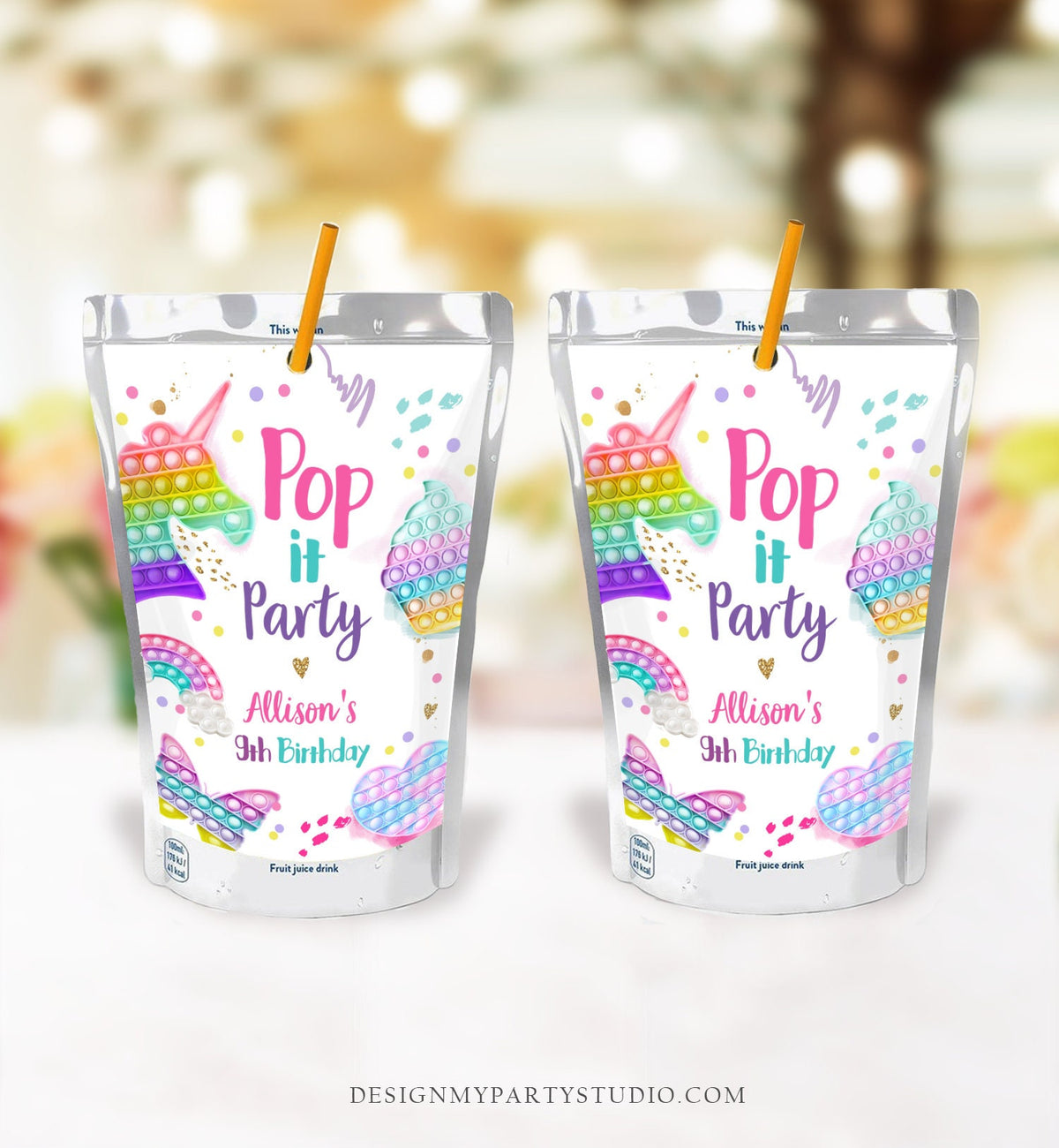 Editable Pop It Birthday Party Pop It Capri Sun Labels Fidget Toy Labels Girl Rainbow Fidget Popit Download Corjl Template Printable 0422