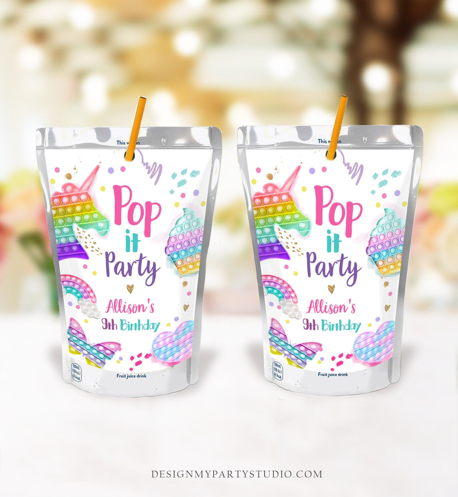 Editable Pop It Birthday Party Pop It Capri Sun Labels Fidget Toy Labels Girl Rainbow Fidget Popit Download Corjl Template Printable 0422