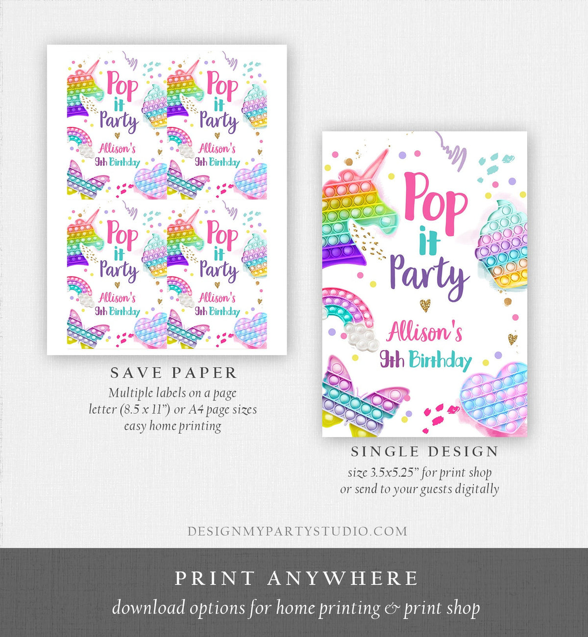 Editable Pop It Birthday Party Pop It Capri Sun Labels Fidget Toy Labels Girl Rainbow Fidget Popit Download Corjl Template Printable 0422