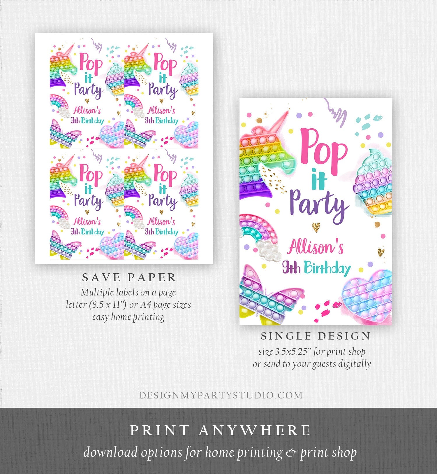 Editable Pop It Birthday Party Pop It Capri Sun Labels Fidget Toy Labels Girl Rainbow Fidget Popit Download Corjl Template Printable 0422