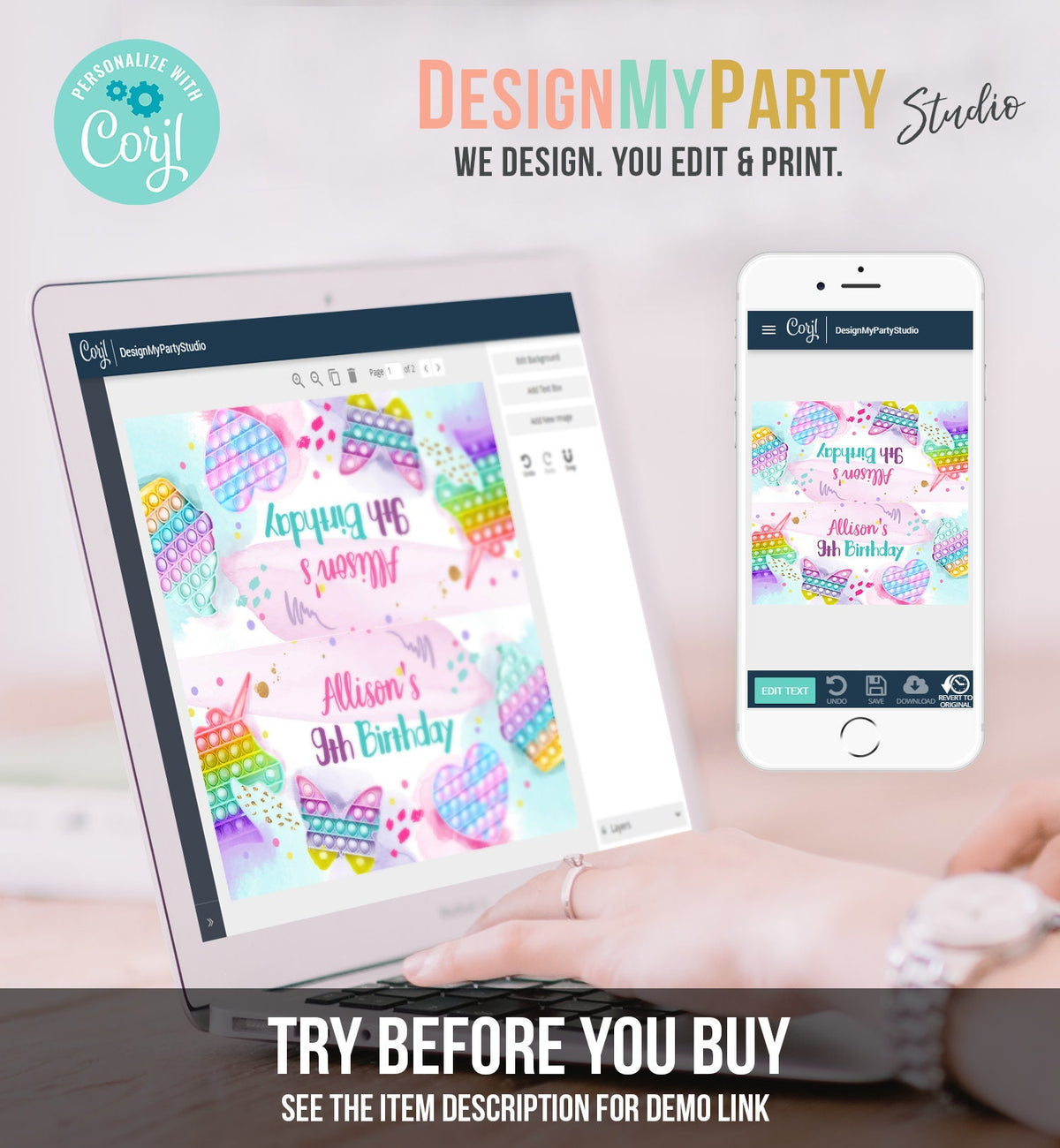 Editable Pop It Treat Bag Toppers Pop It Birthday Favors Girl Fidget Toy Girl Unicorn Rainbow Favor Tags Corjl Template Printable 0422