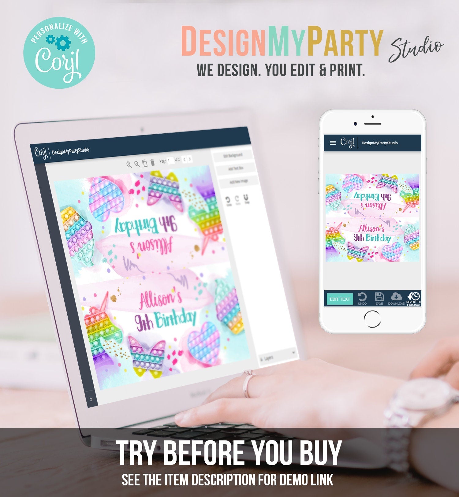 Editable Pop It Treat Bag Toppers Pop It Birthday Favors Girl Fidget Toy Girl Unicorn Rainbow Favor Tags Corjl Template Printable 0422
