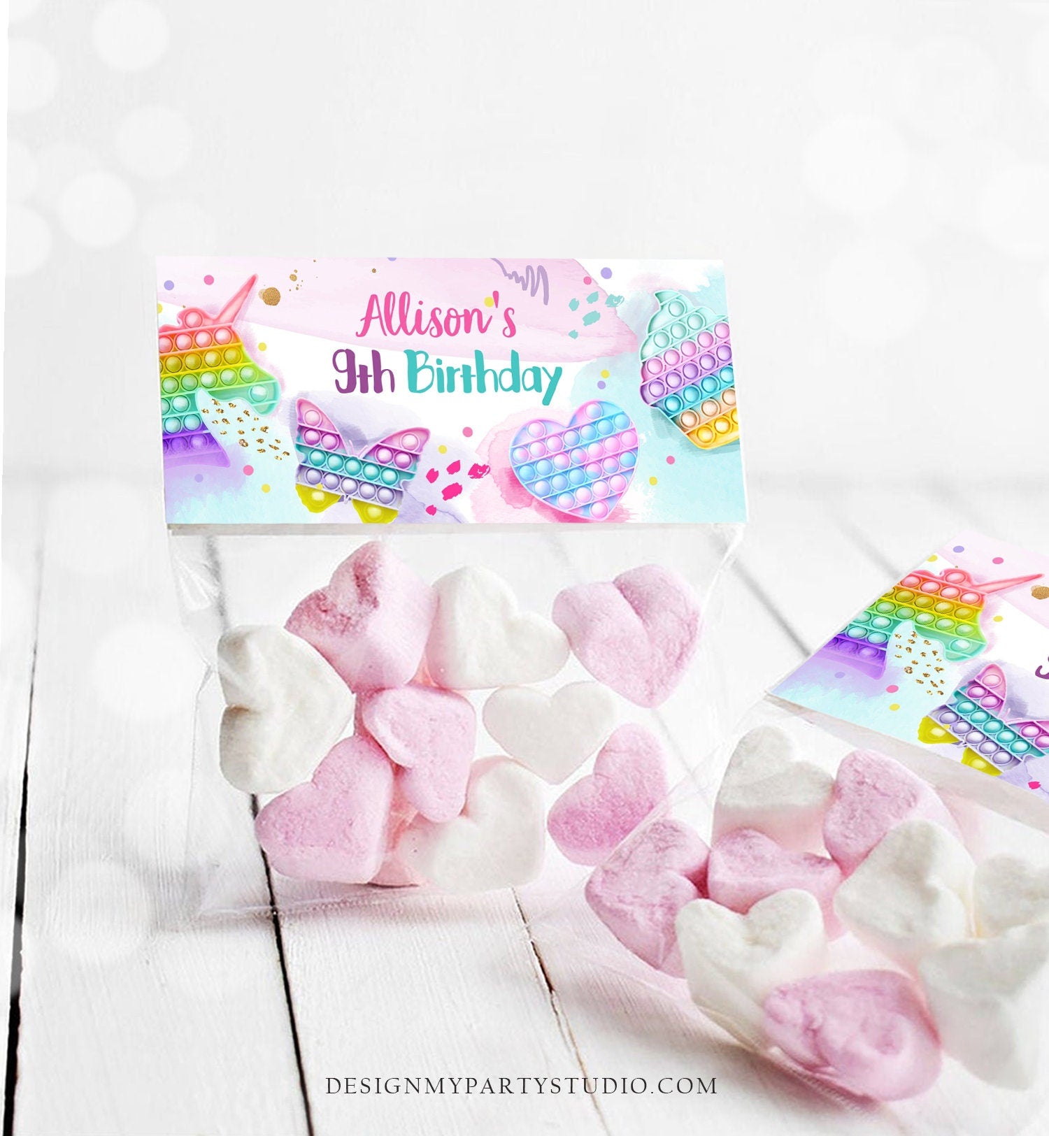 Editable Pop It Treat Bag Toppers Pop It Birthday Favors Girl Fidget Toy Girl Unicorn Rainbow Favor Tags Corjl Template Printable 0422