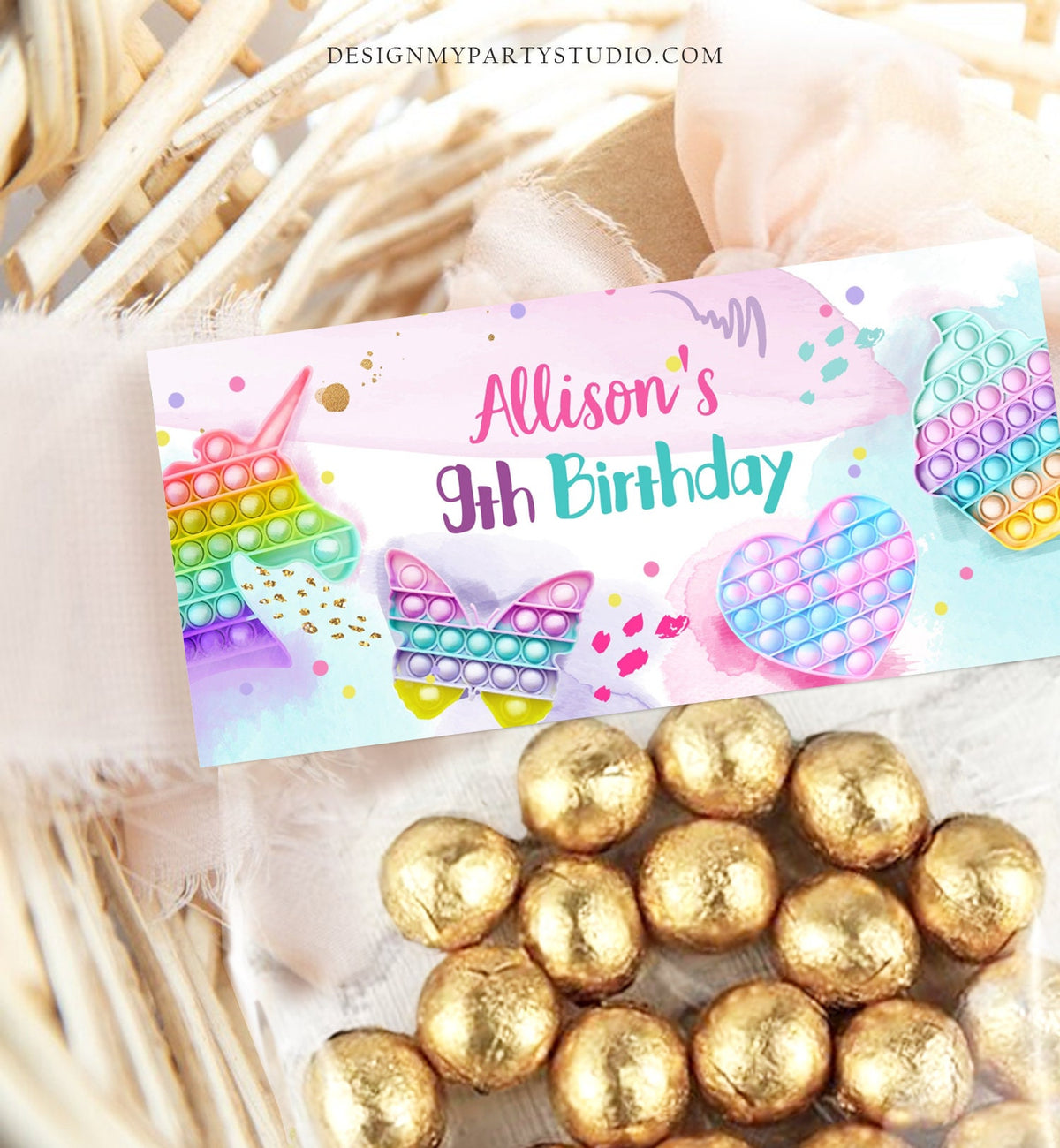 Editable Pop It Treat Bag Toppers Pop It Birthday Favors Girl Fidget Toy Girl Unicorn Rainbow Favor Tags Corjl Template Printable 0422