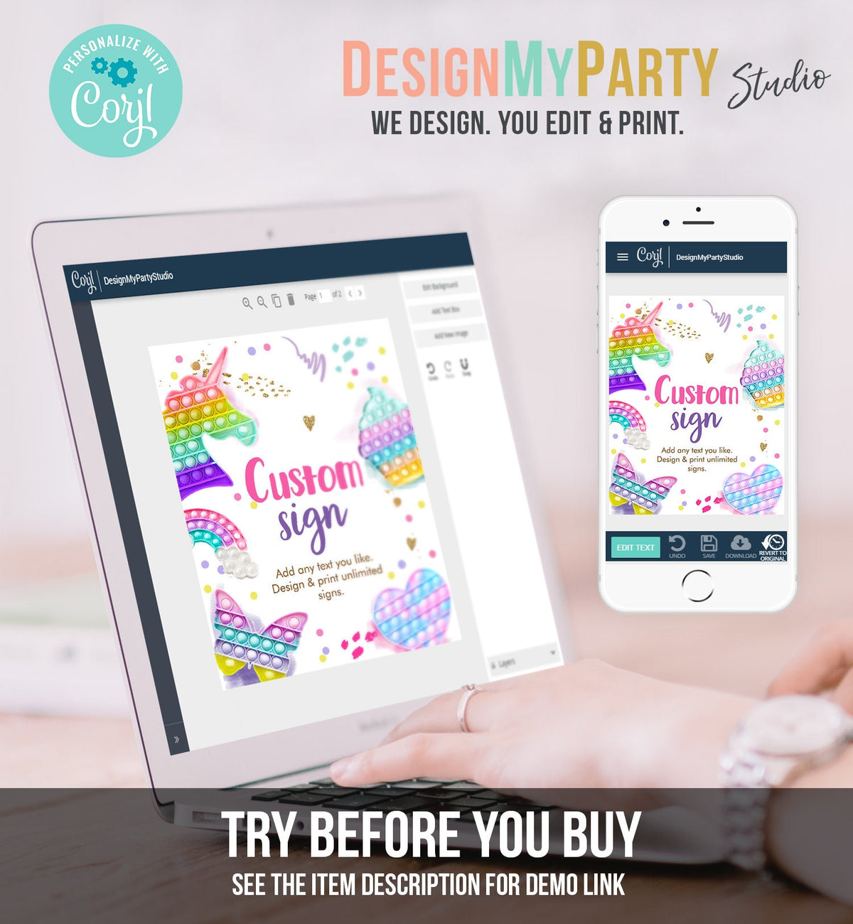 Editable Custom Sign Pop It Birthday Decor Fidget Toy Party Sign Pop It Party Sign Girl Rainbow Table Sign Corjl Template PRINTABLE 0422