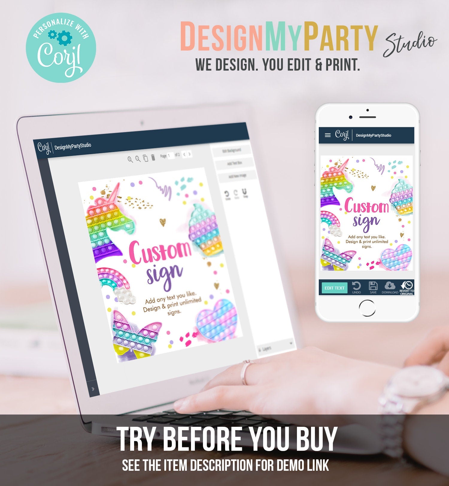Editable Custom Sign Pop It Birthday Decor Fidget Toy Party Sign Pop It Party Sign Girl Rainbow Table Sign Corjl Template PRINTABLE 0422