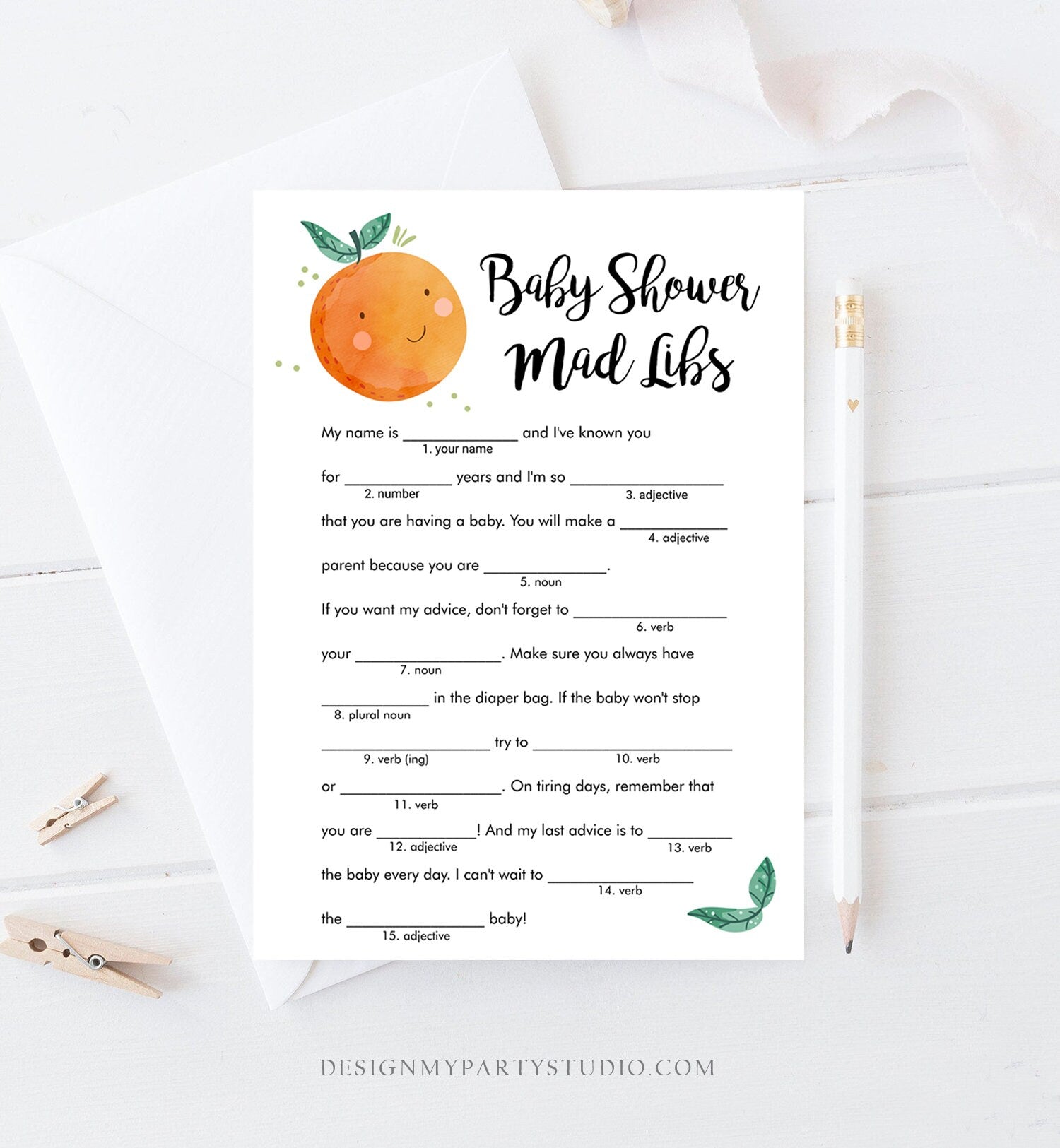 Editable Love Story Mad Libs Baby Shower Game Card Little Cutie Orange Clementine Sprinkle Activity Download Template Corjl 0330