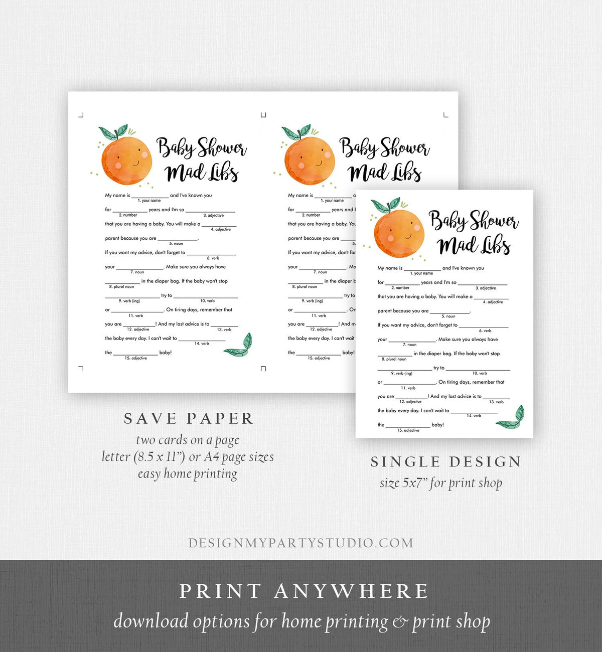 Editable Love Story Mad Libs Baby Shower Game Card Little Cutie Orange Clementine Sprinkle Activity Download Template Corjl 0330